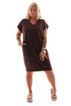 Sweaterdress v-hals korte mouwen zakken donkerbruin