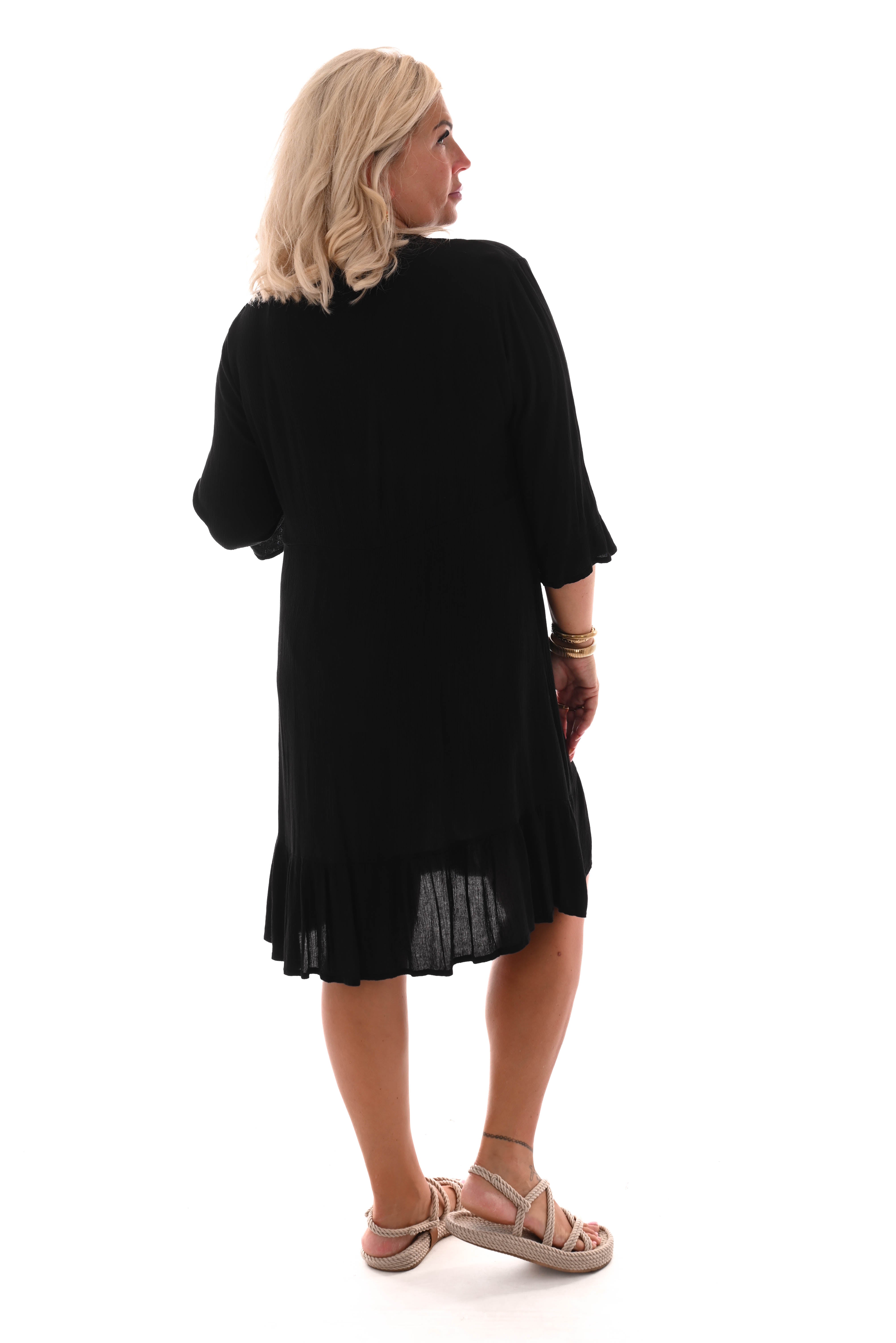 Jurk v-hals crepe uni 3/4e mouwen zwart