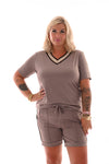 Travel top met bies strepen taupe