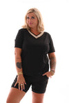 Travel top met bies strepen zwart