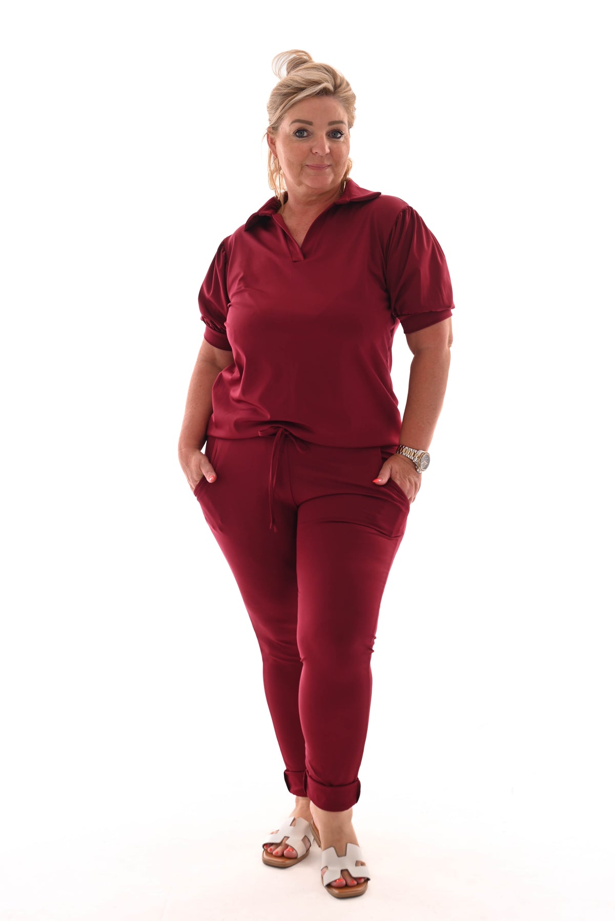 Travel broek met aantrekkoord uni bordeaux