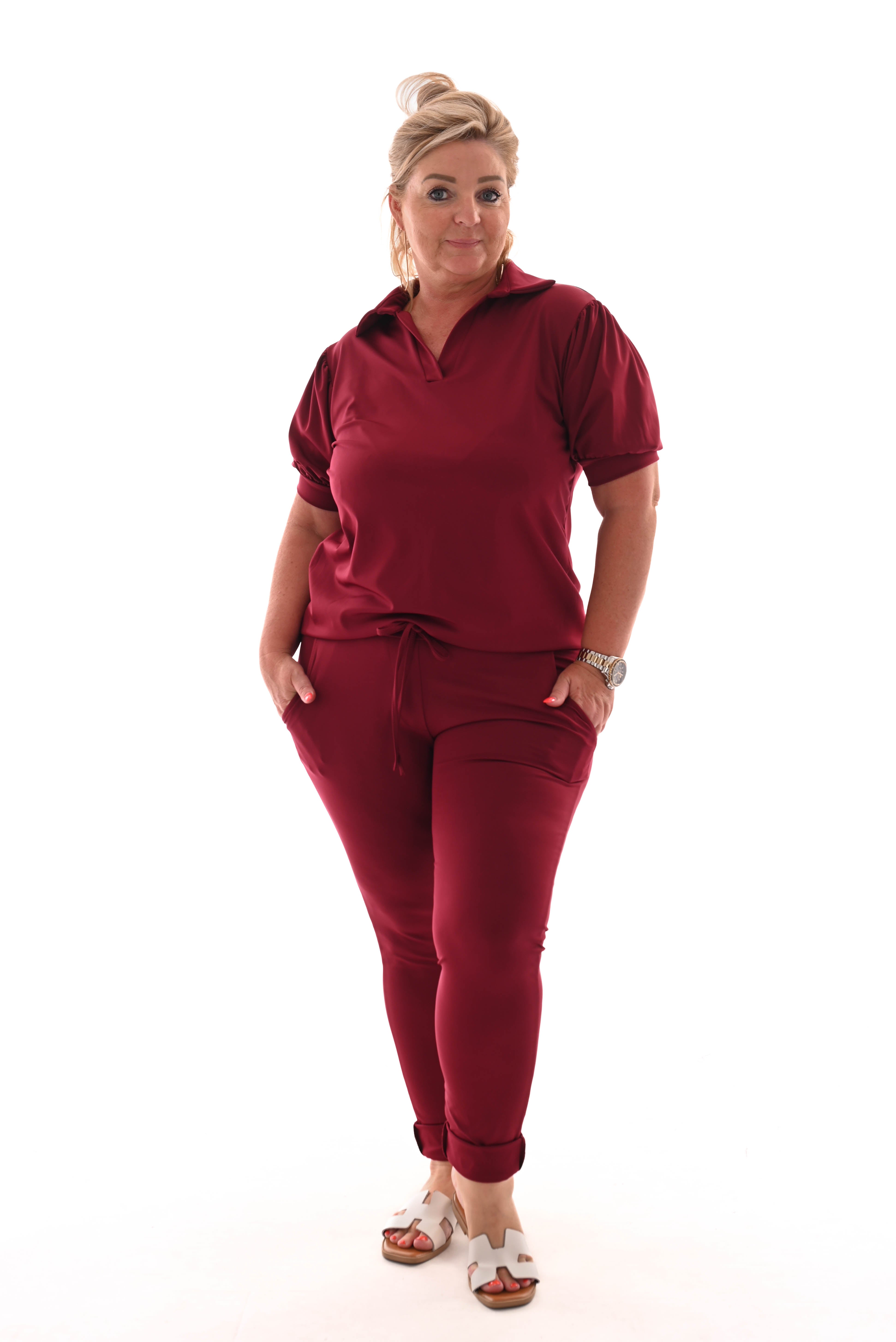 Travel broek met aantrekkoord uni bordeaux