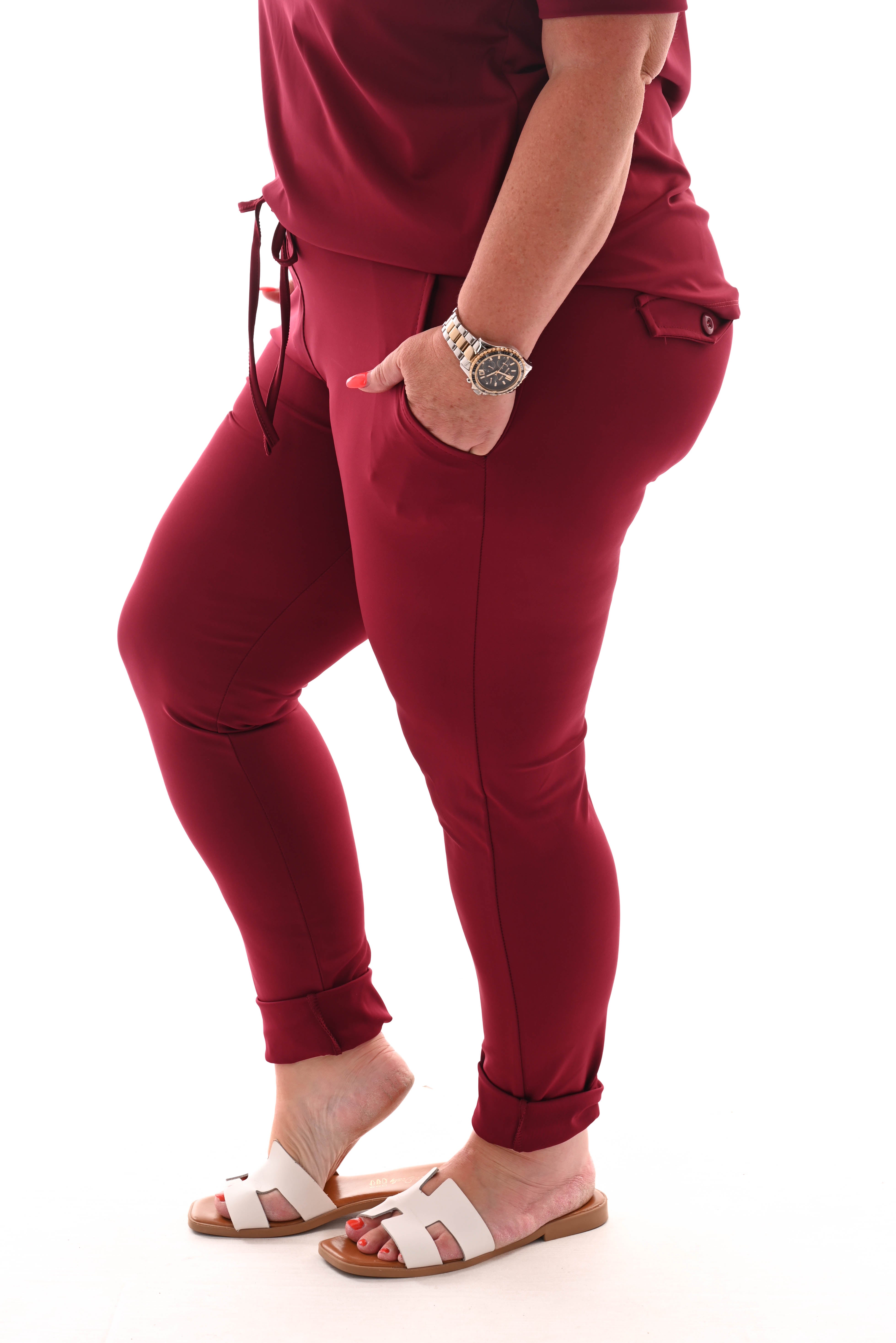 Travel broek met aantrekkoord uni bordeaux