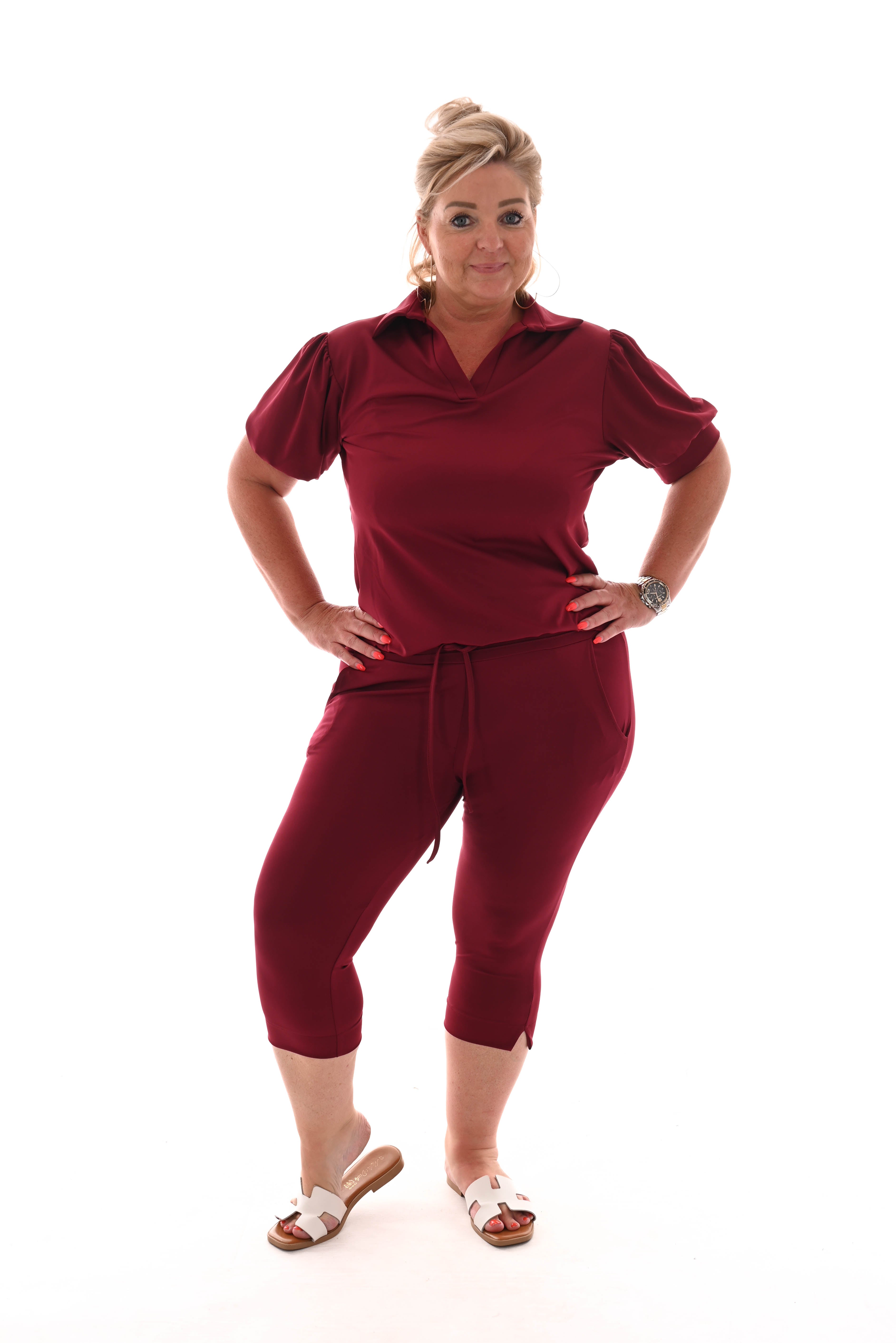 Travel broek capri met aantrekkoord uni bordeaux