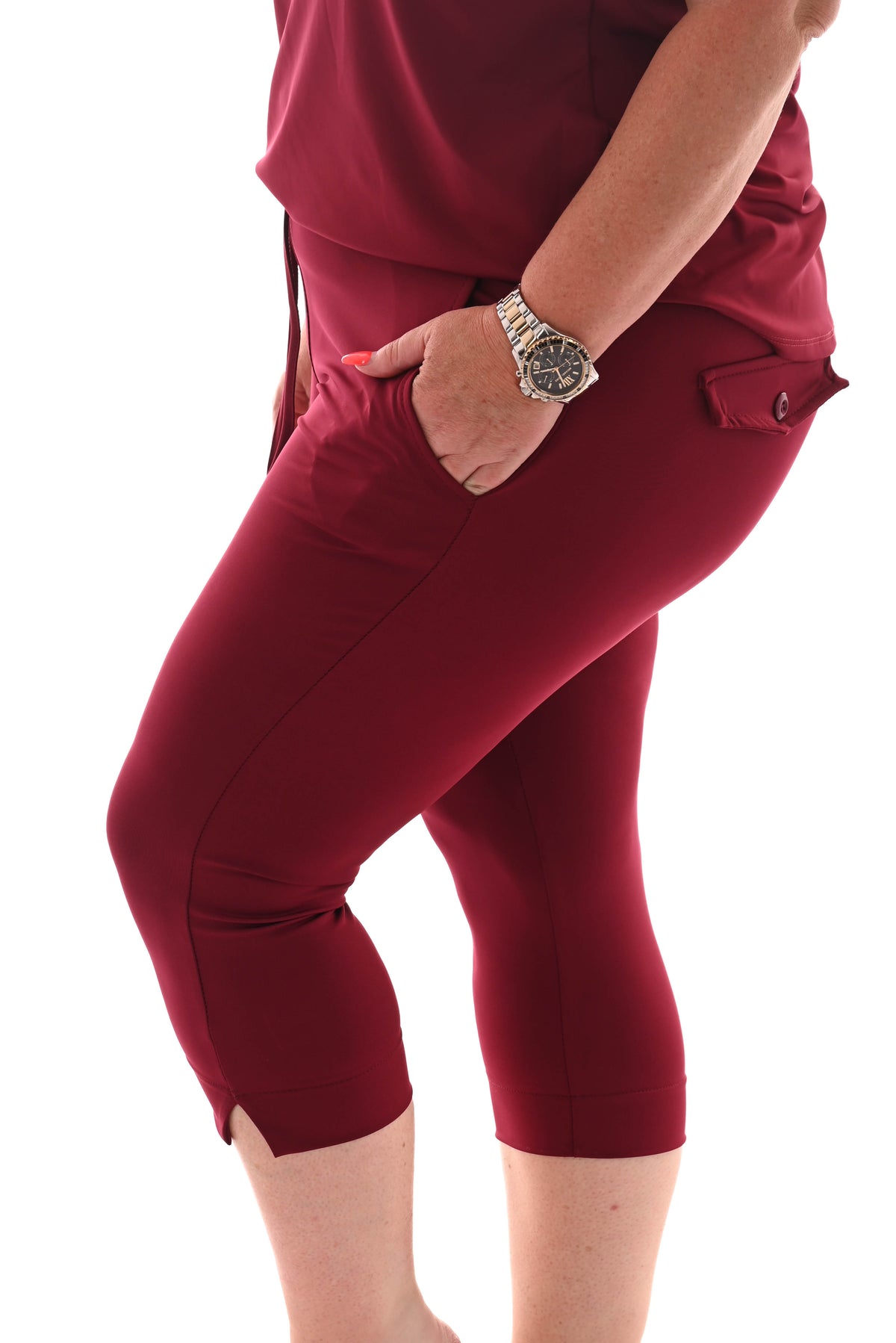 Travel broek capri met aantrekkoord uni bordeaux