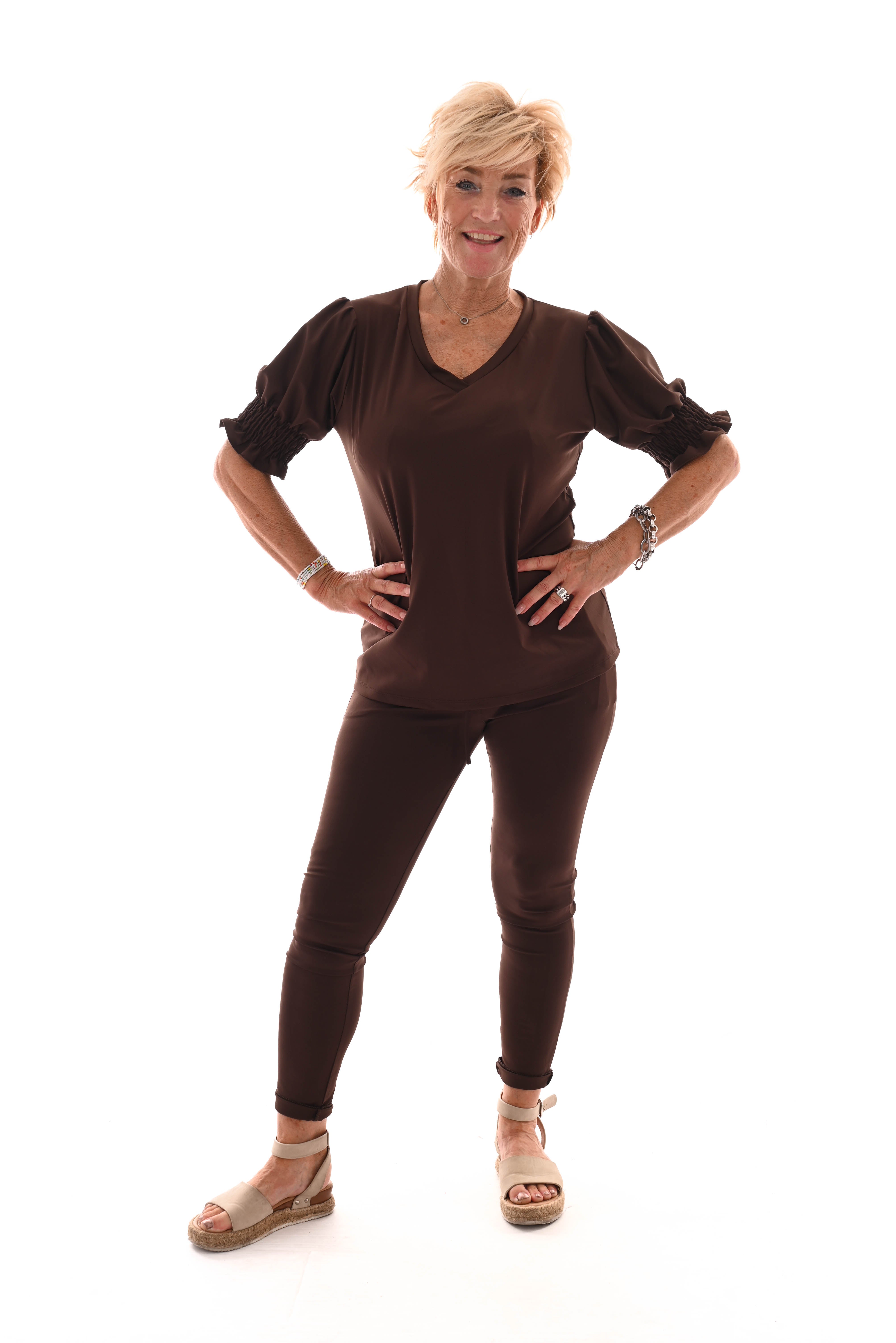 Travel top smock mouwen bruin