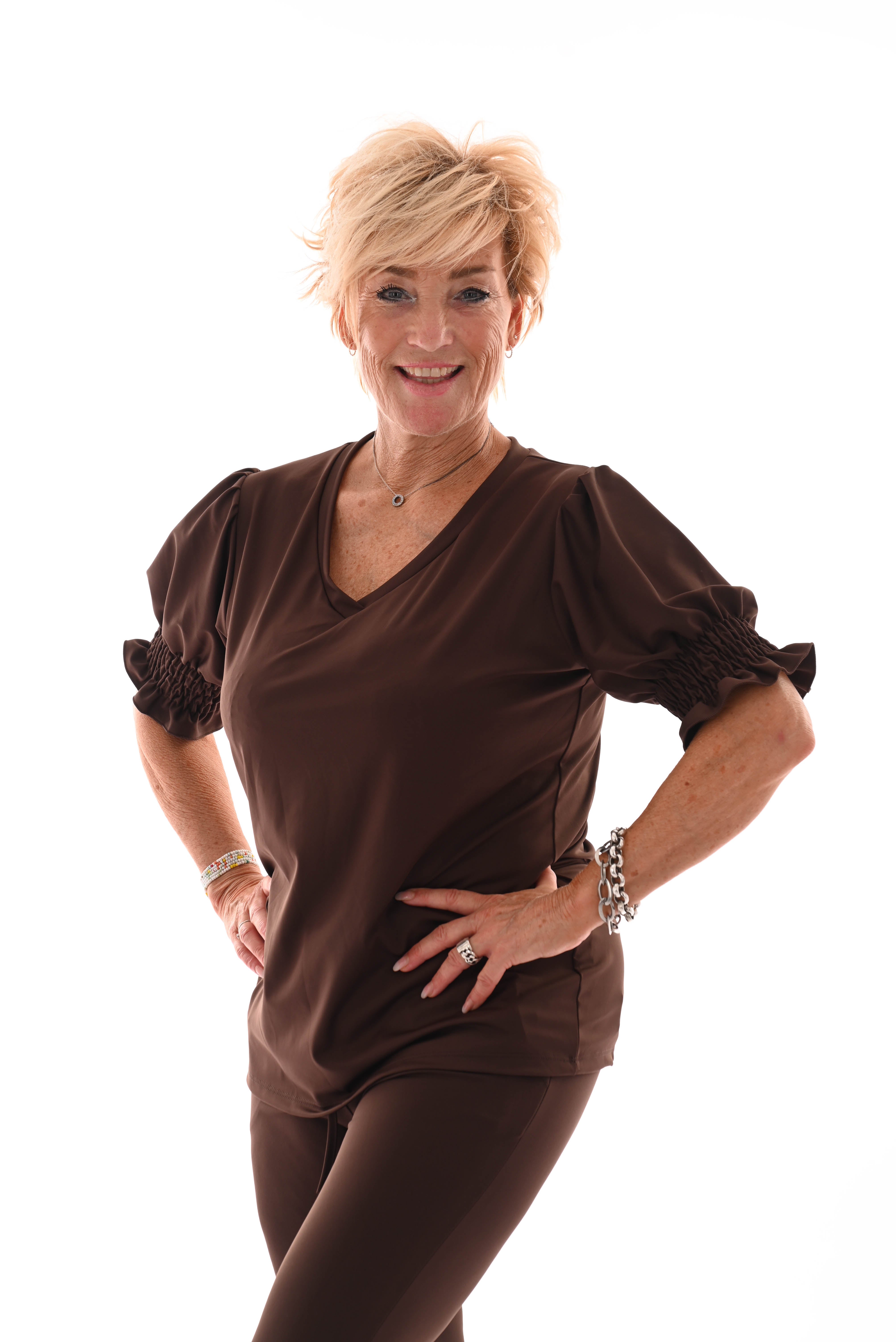 Travel top smock mouwen bruin