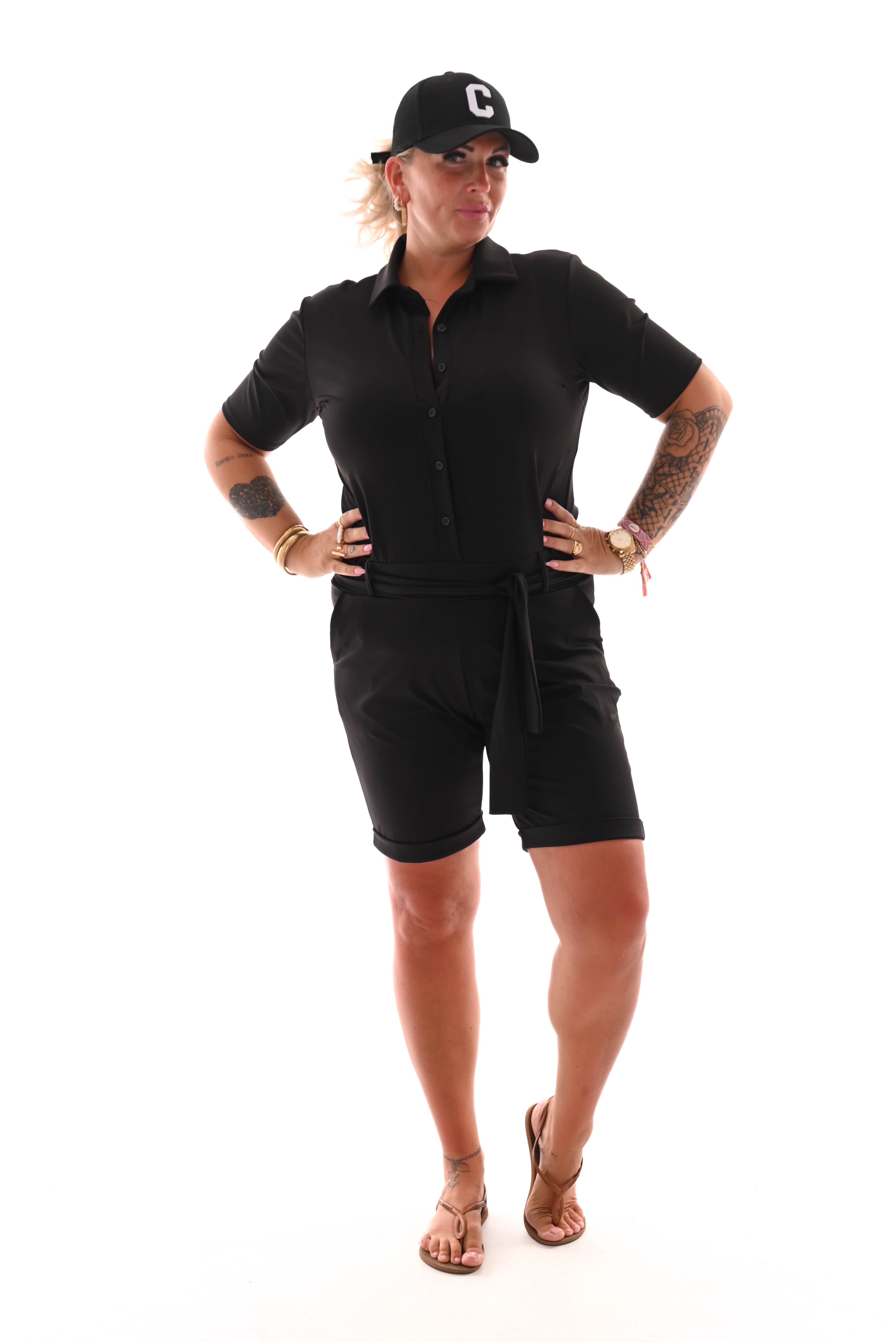 Travel playsuit korte mouwen uni zwart