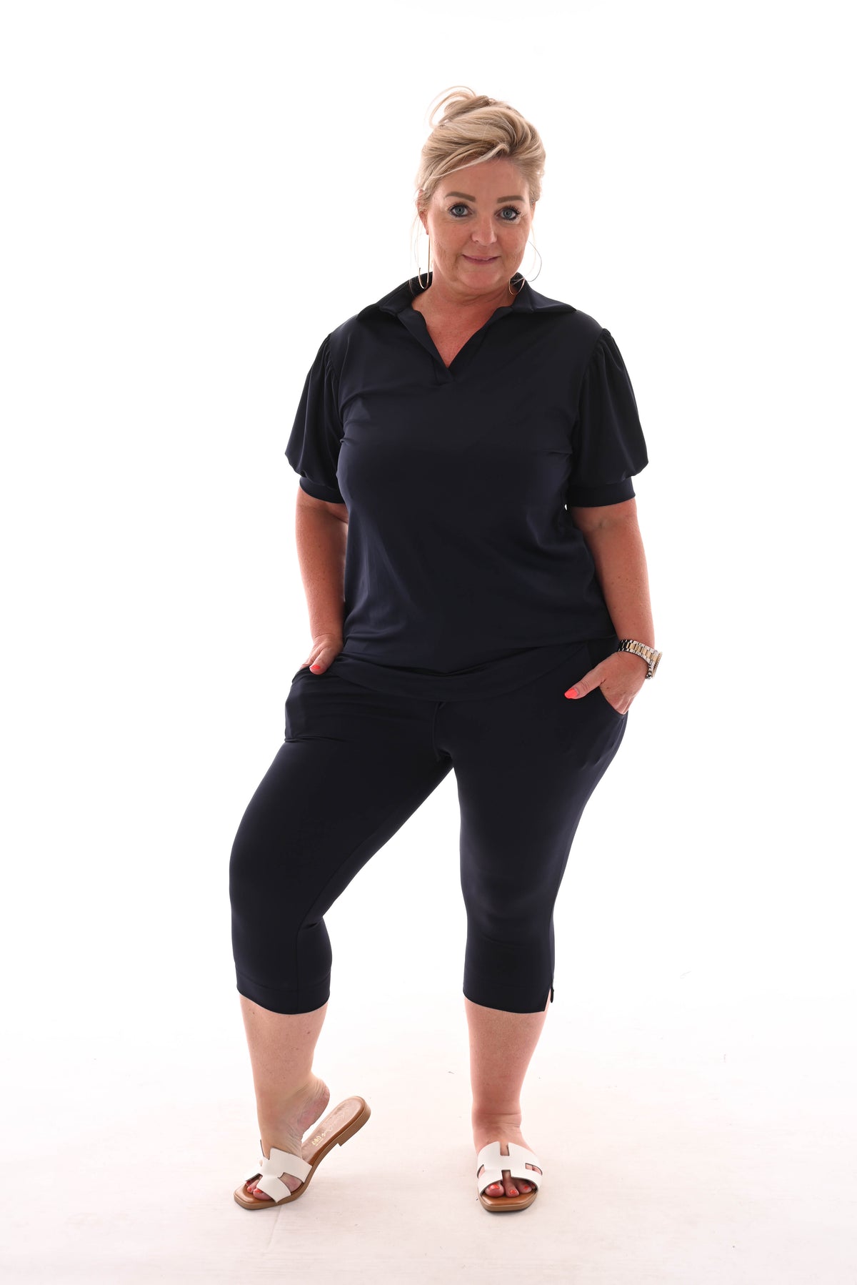 Travel broek capri met aantrekkoord uni marineblauw