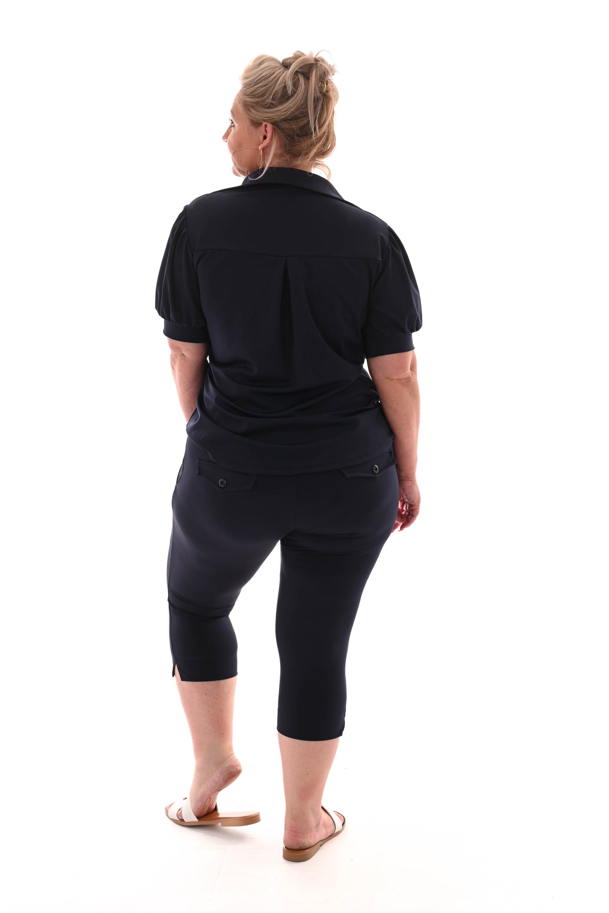 Travel broek capri met aantrekkoord uni marineblauw