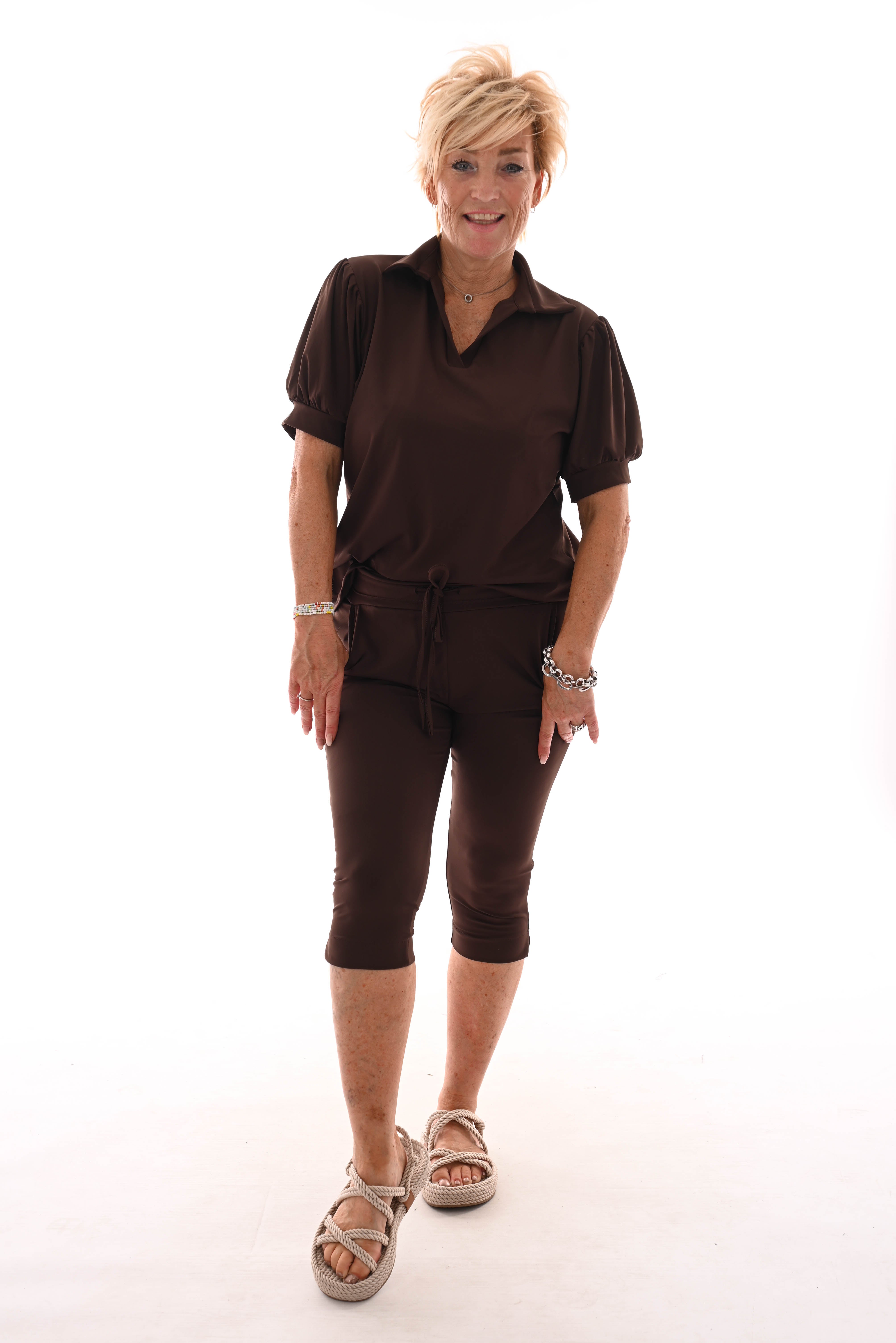 Travel broek capri met aantrekkoord uni bruin