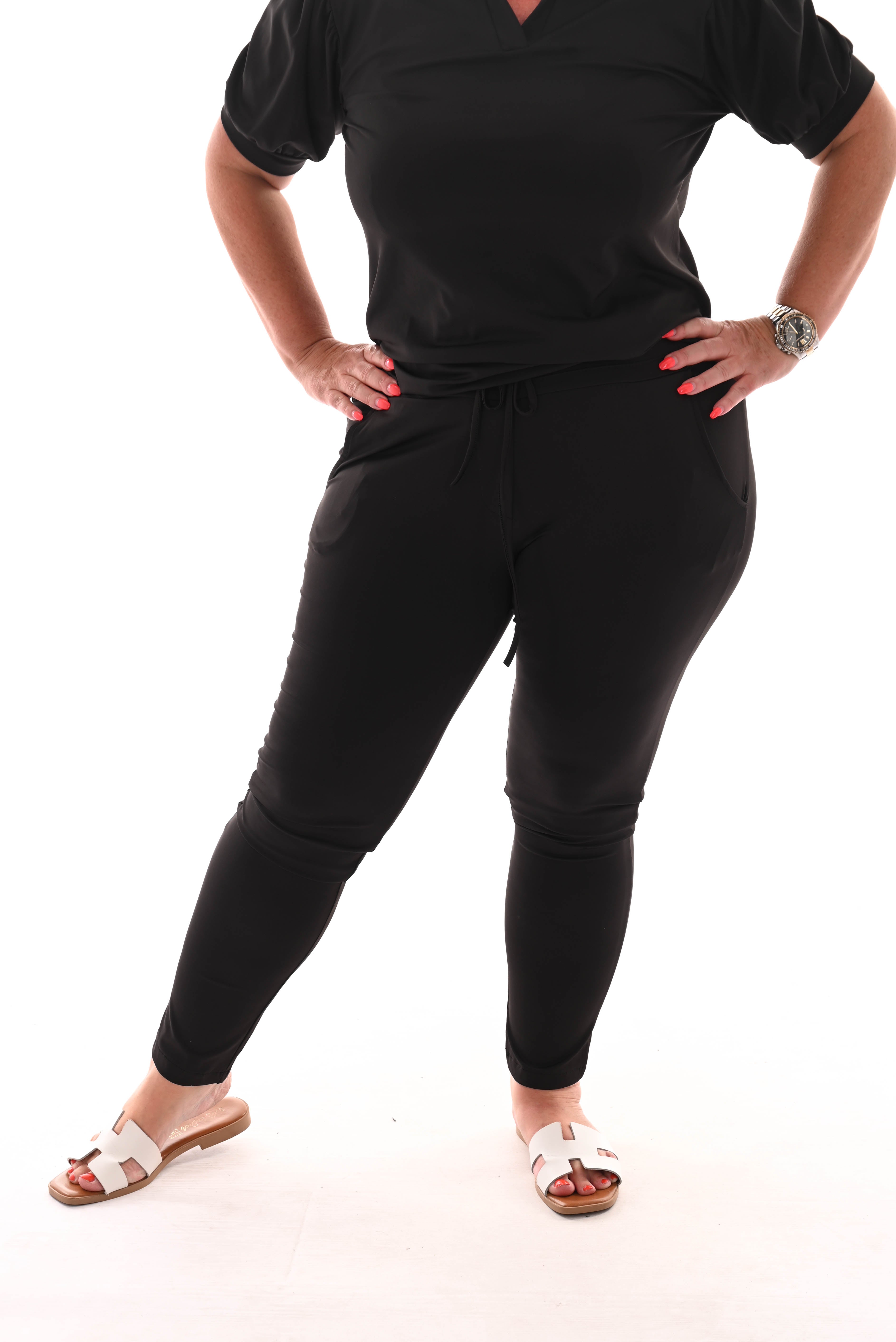 Travel broek met aantrekkoord uni zwart