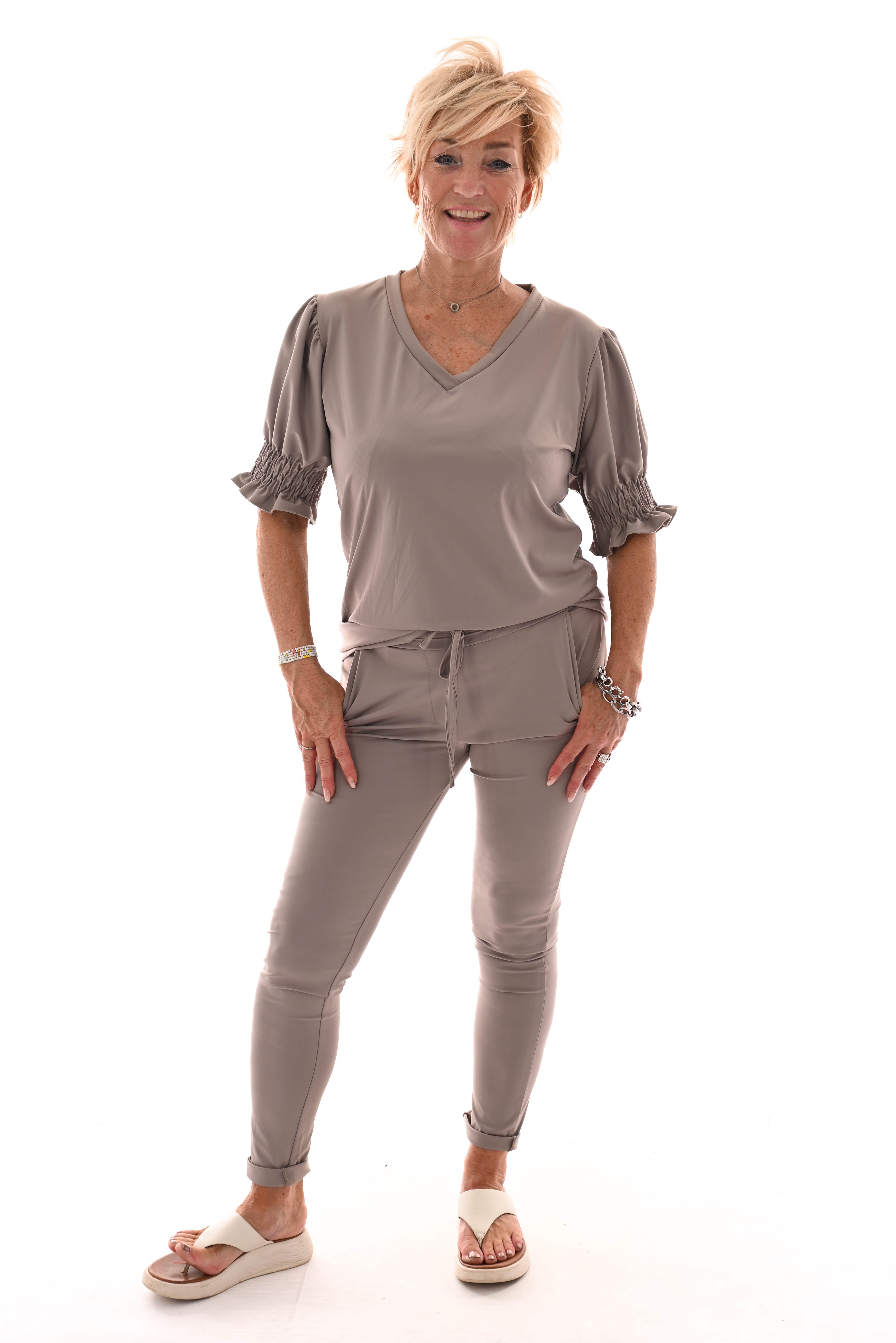 Travel top smock mouwen taupe
