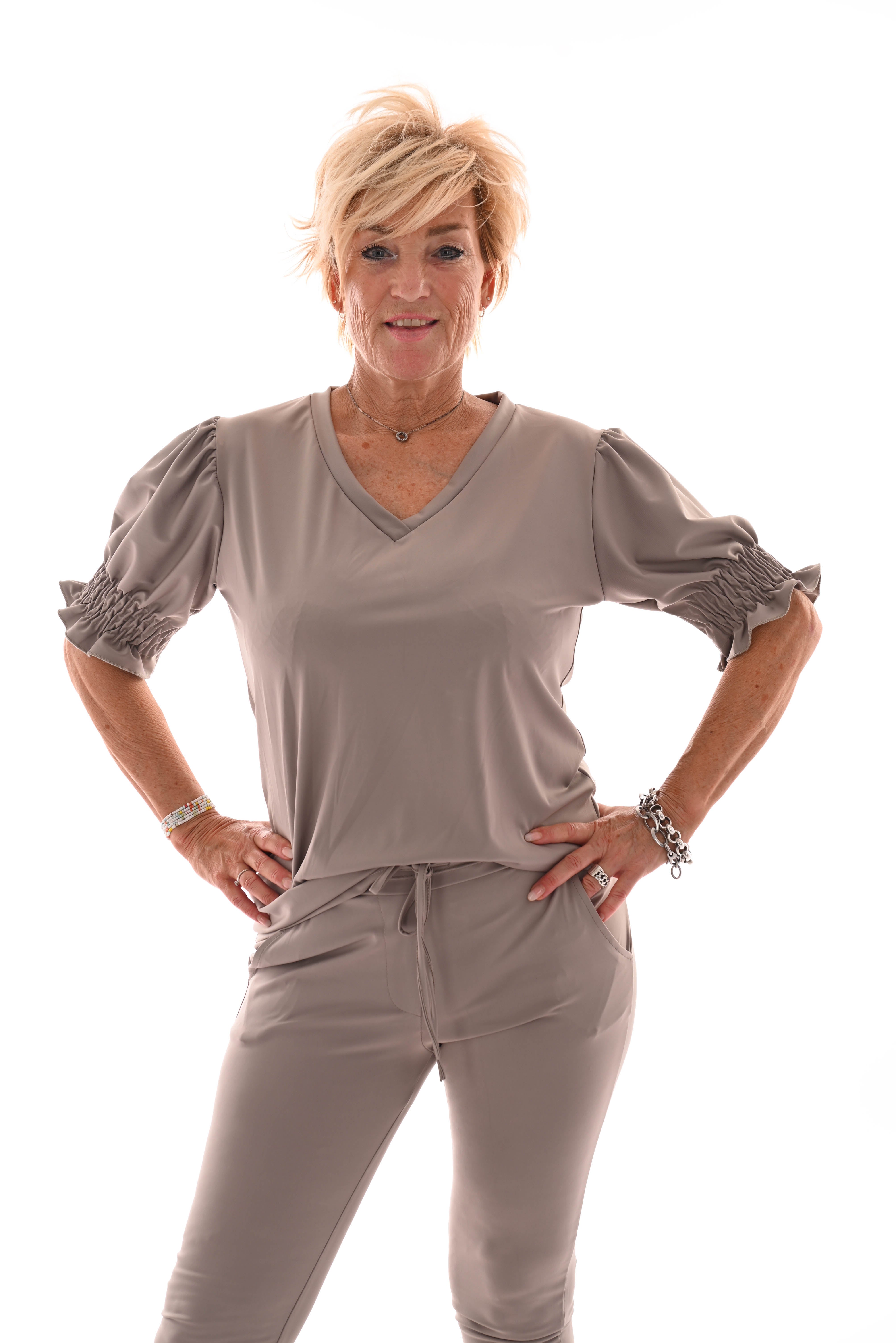 Travel top smock mouwen taupe