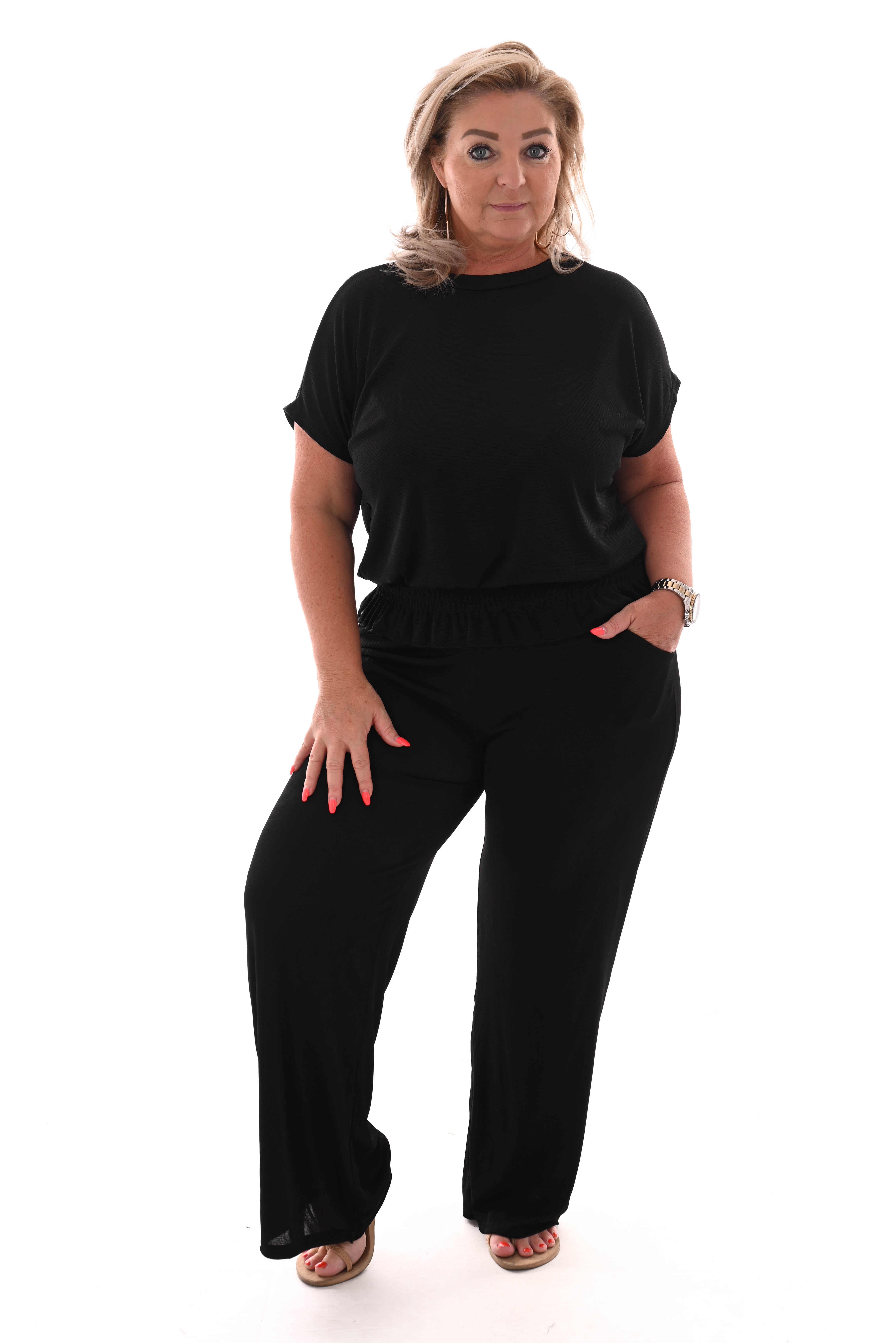 Tweedelig pak top met smock band zwart