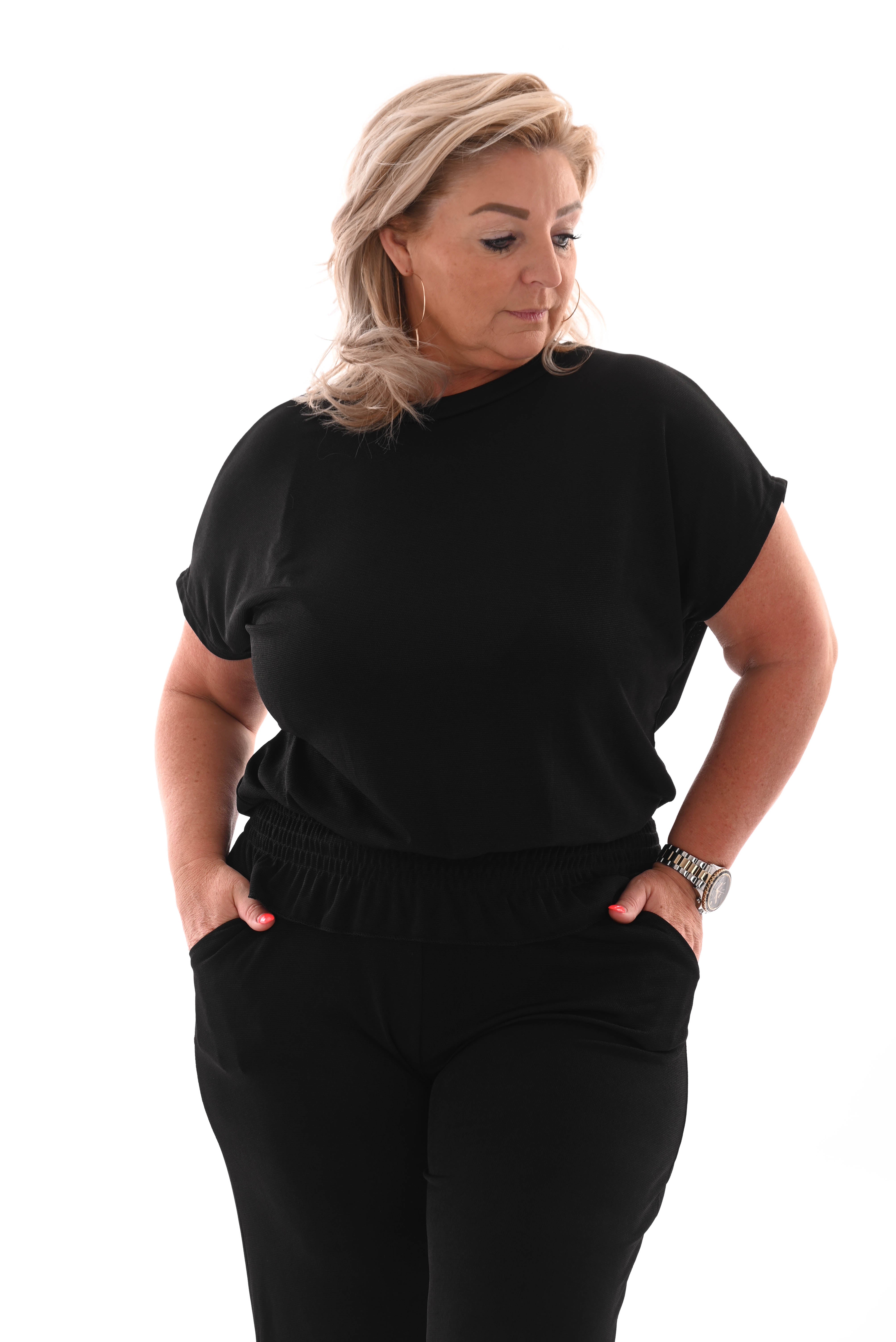 Tweedelig pak top met smock band zwart