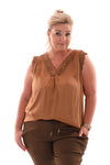 Silky top mouwloos met kant bruin