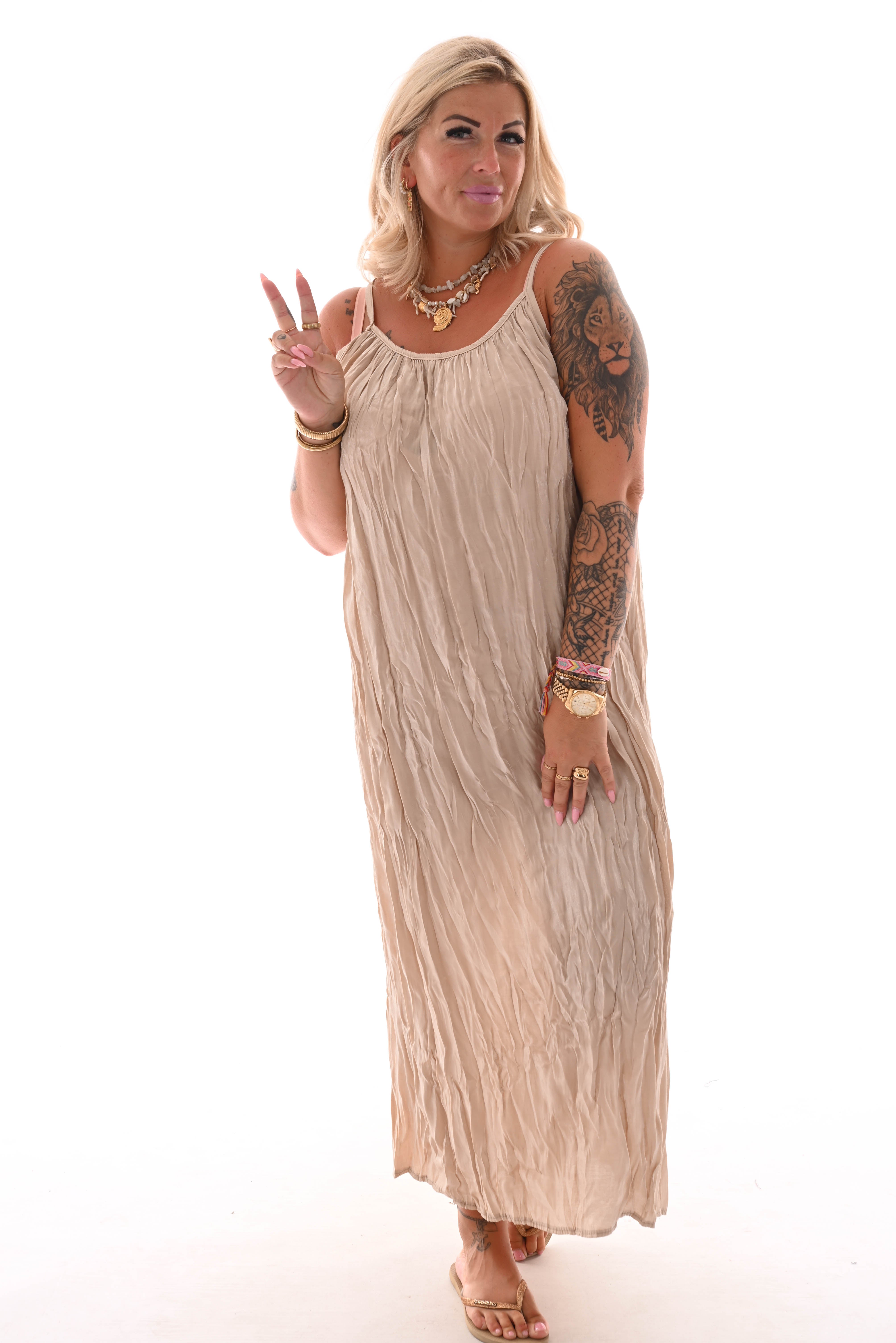 Silky jurk spaghetti bandjes beige