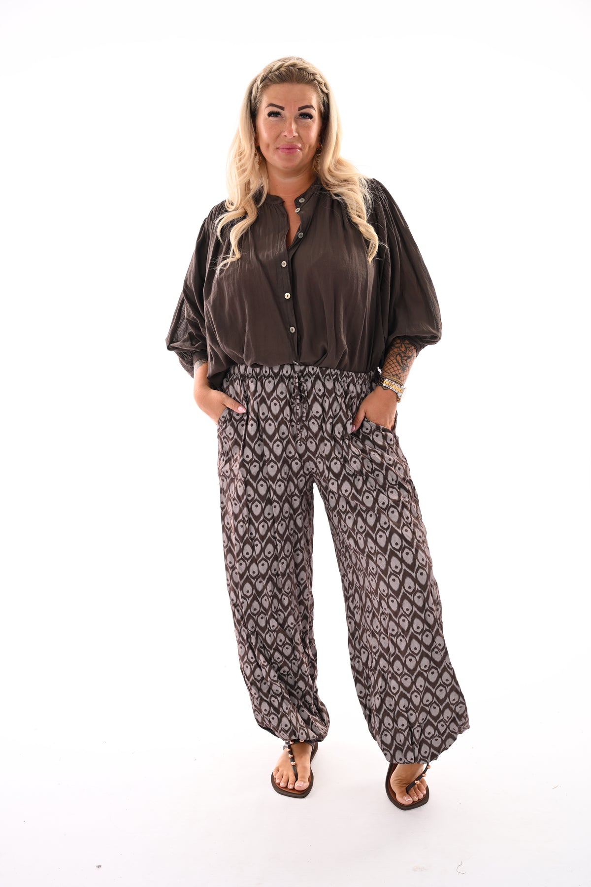Korte blouse 3/4e mouwen uni donkerbruin