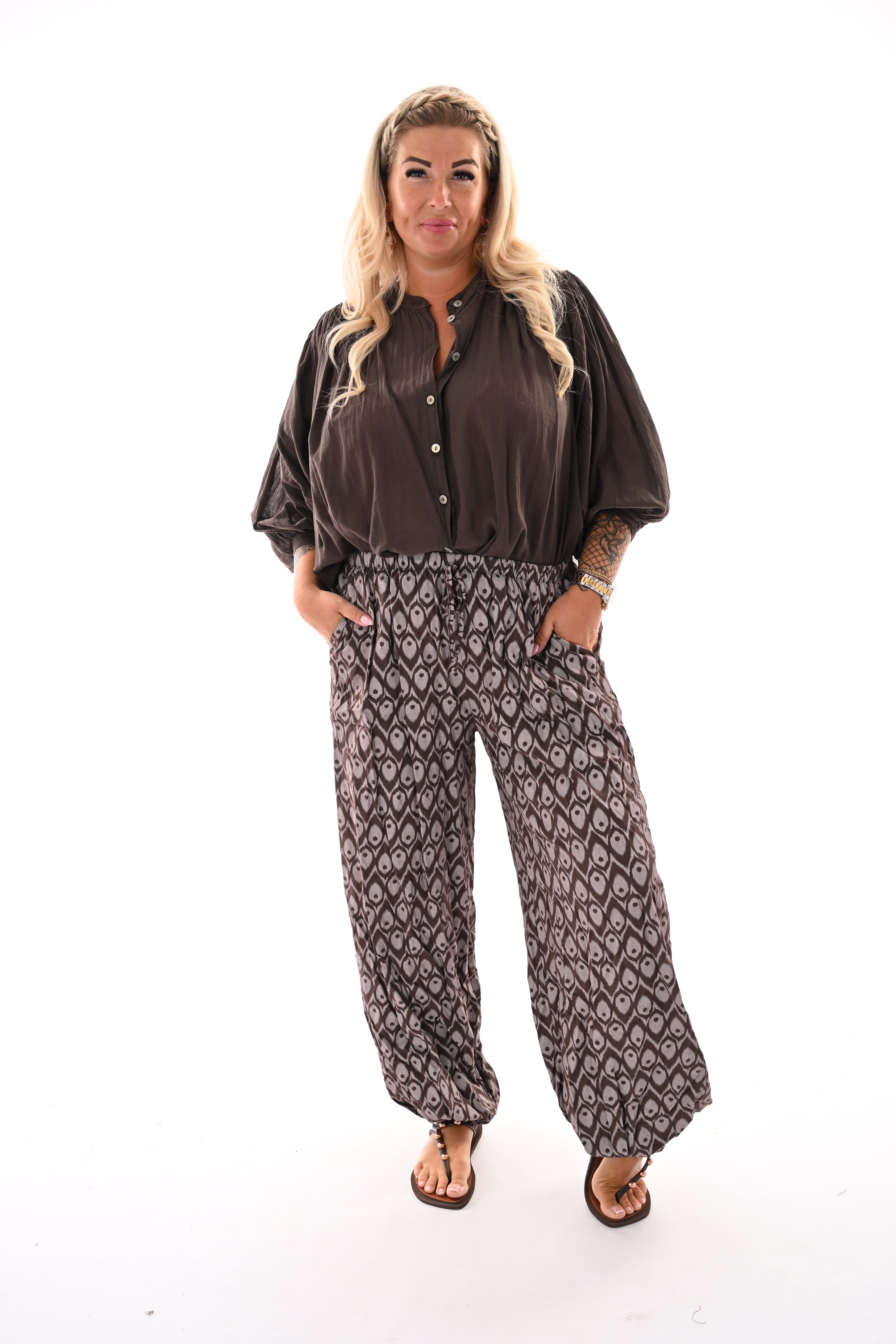 Korte blouse 3/4e mouwen uni donkerbruin