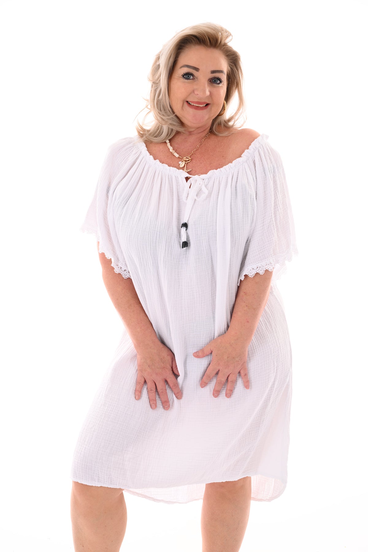 Wafel jurk off-shoulder roomwit