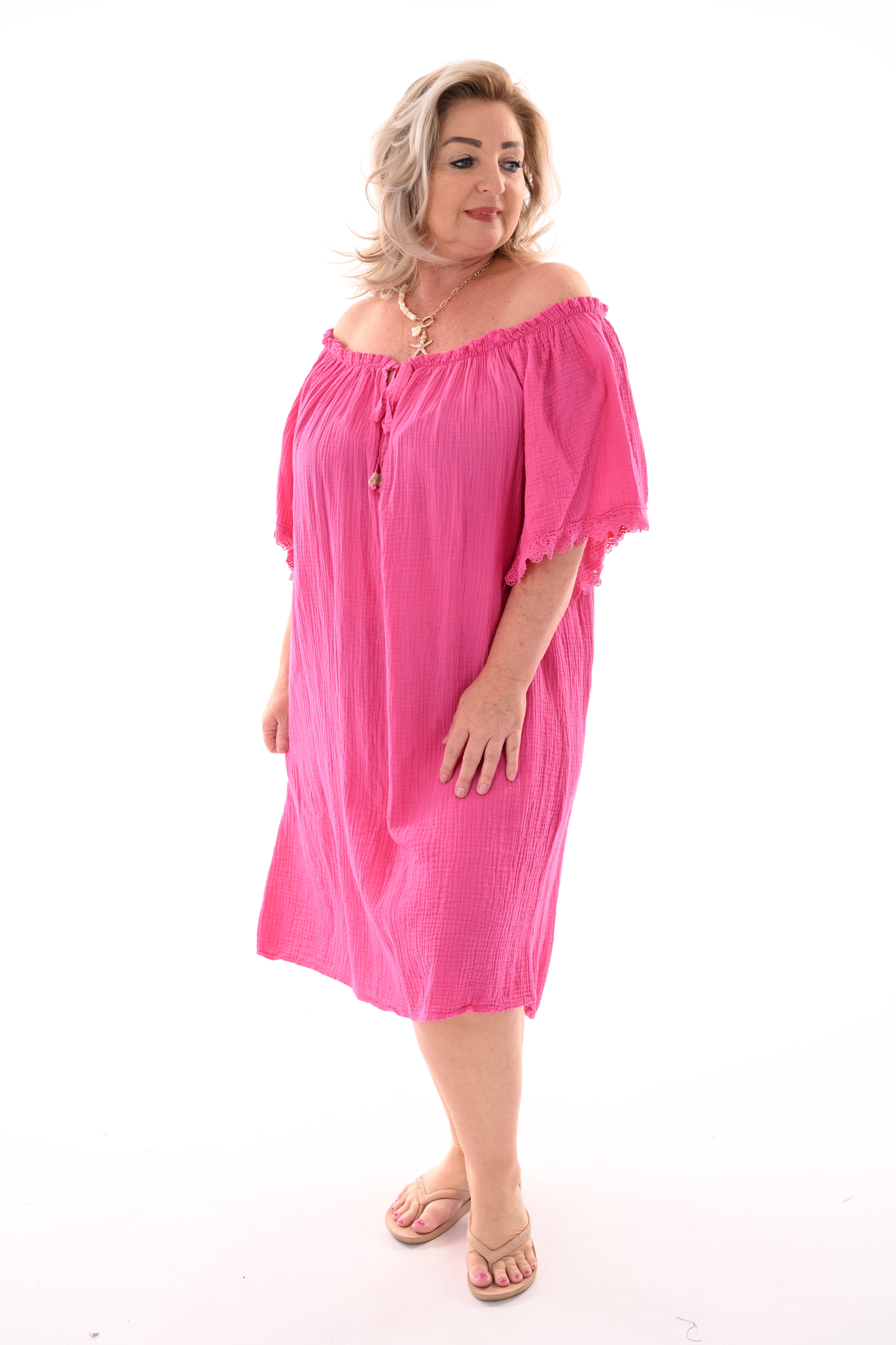 Wafel jurk off-shoulder barbieroze
