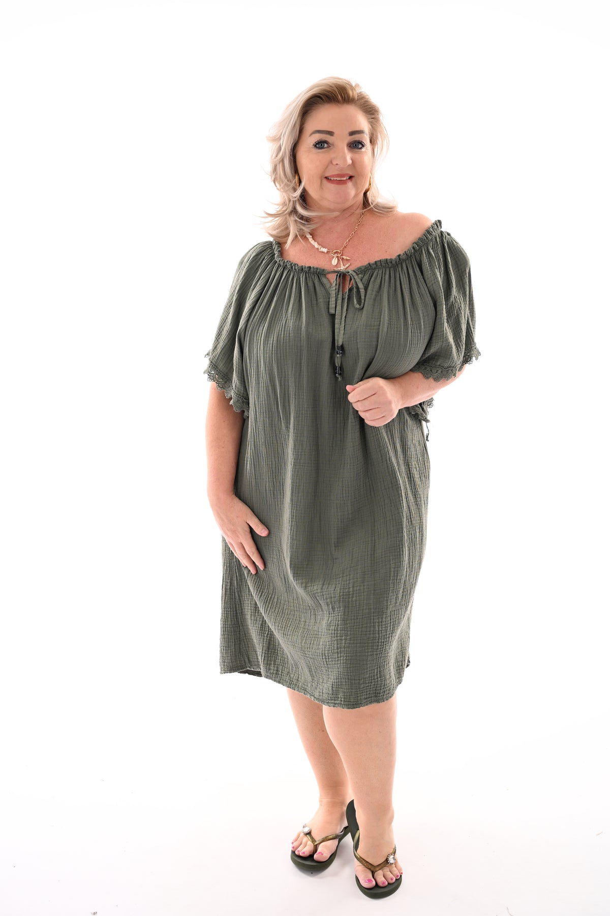 Wafel jurk off-shoulder legergroen