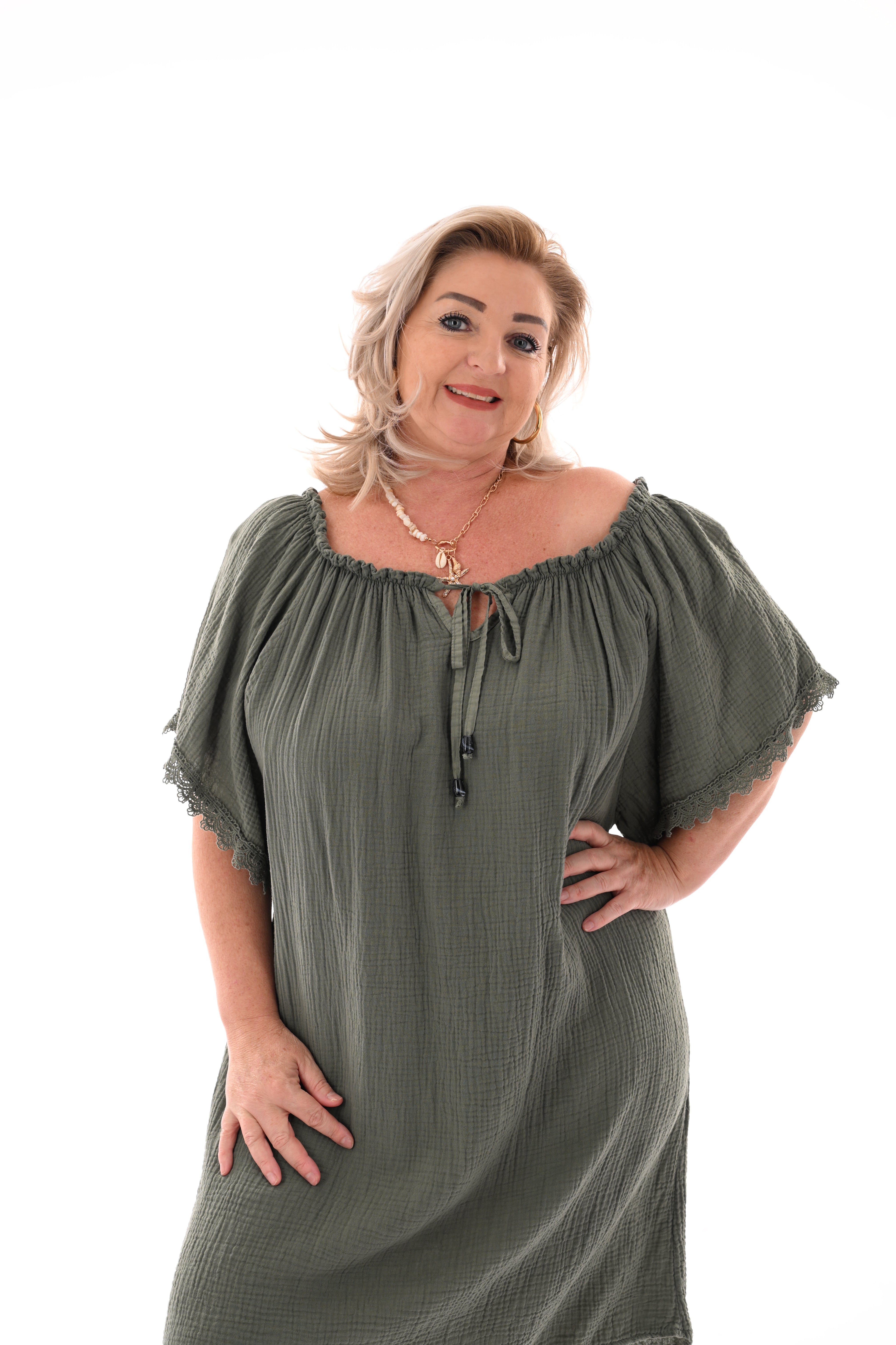 Wafel jurk off-shoulder legergroen