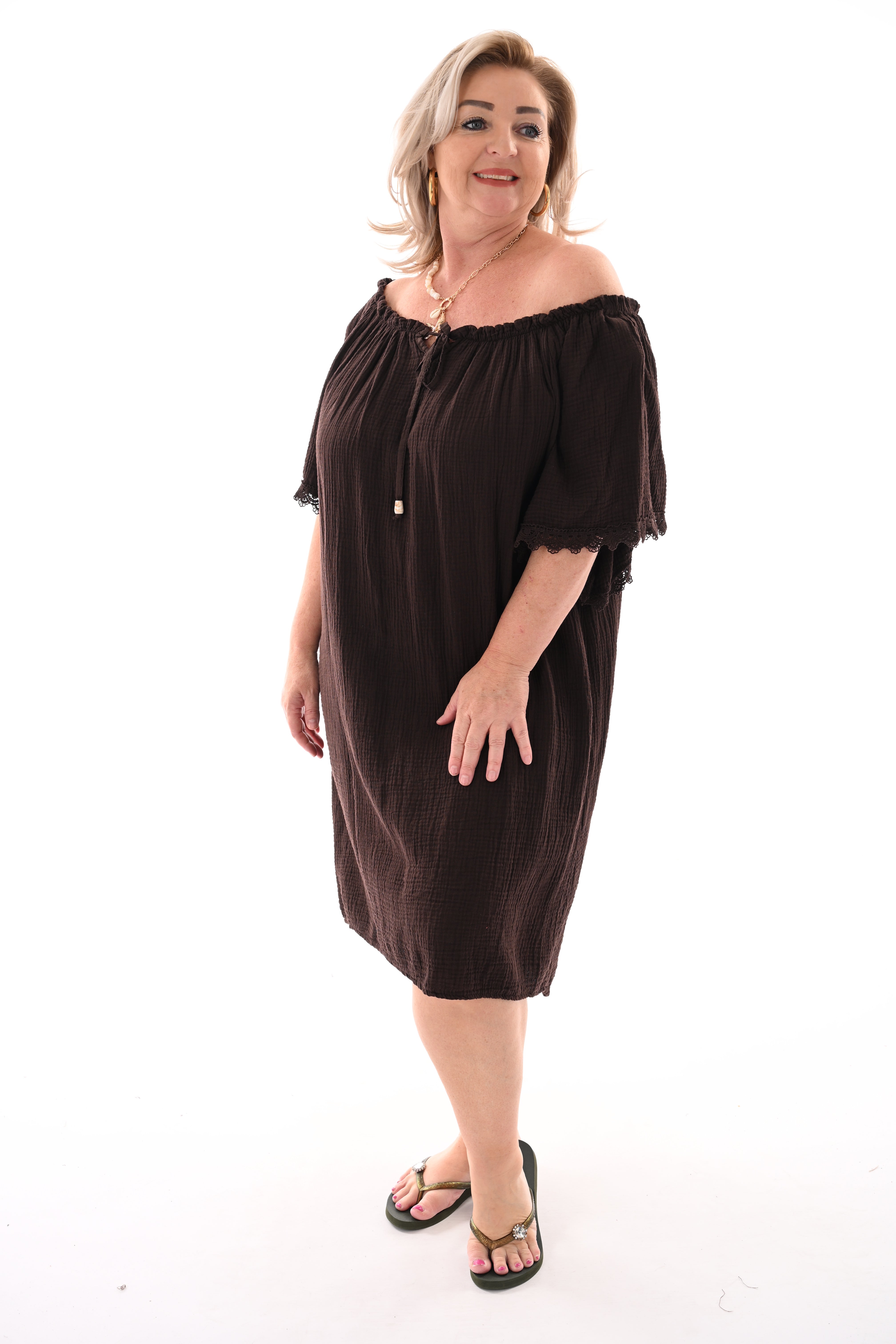 Wafel jurk off-shoulder donkerbruin