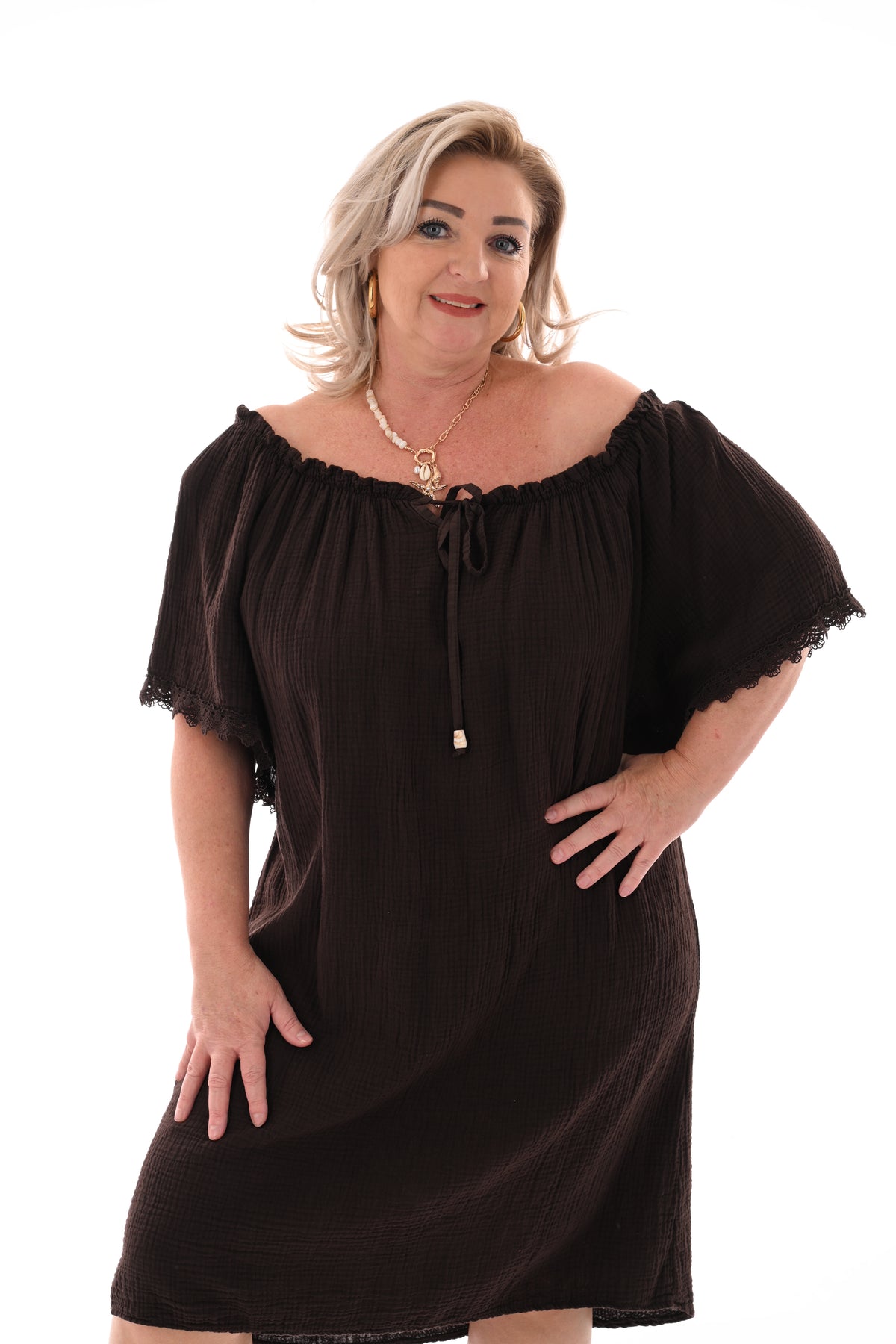 Wafel jurk off-shoulder donkerbruin