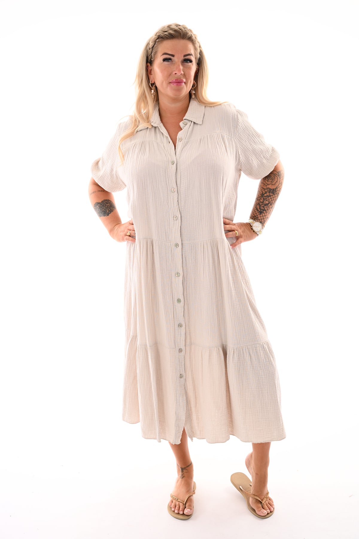 Midi lange wafel jurk uni beige