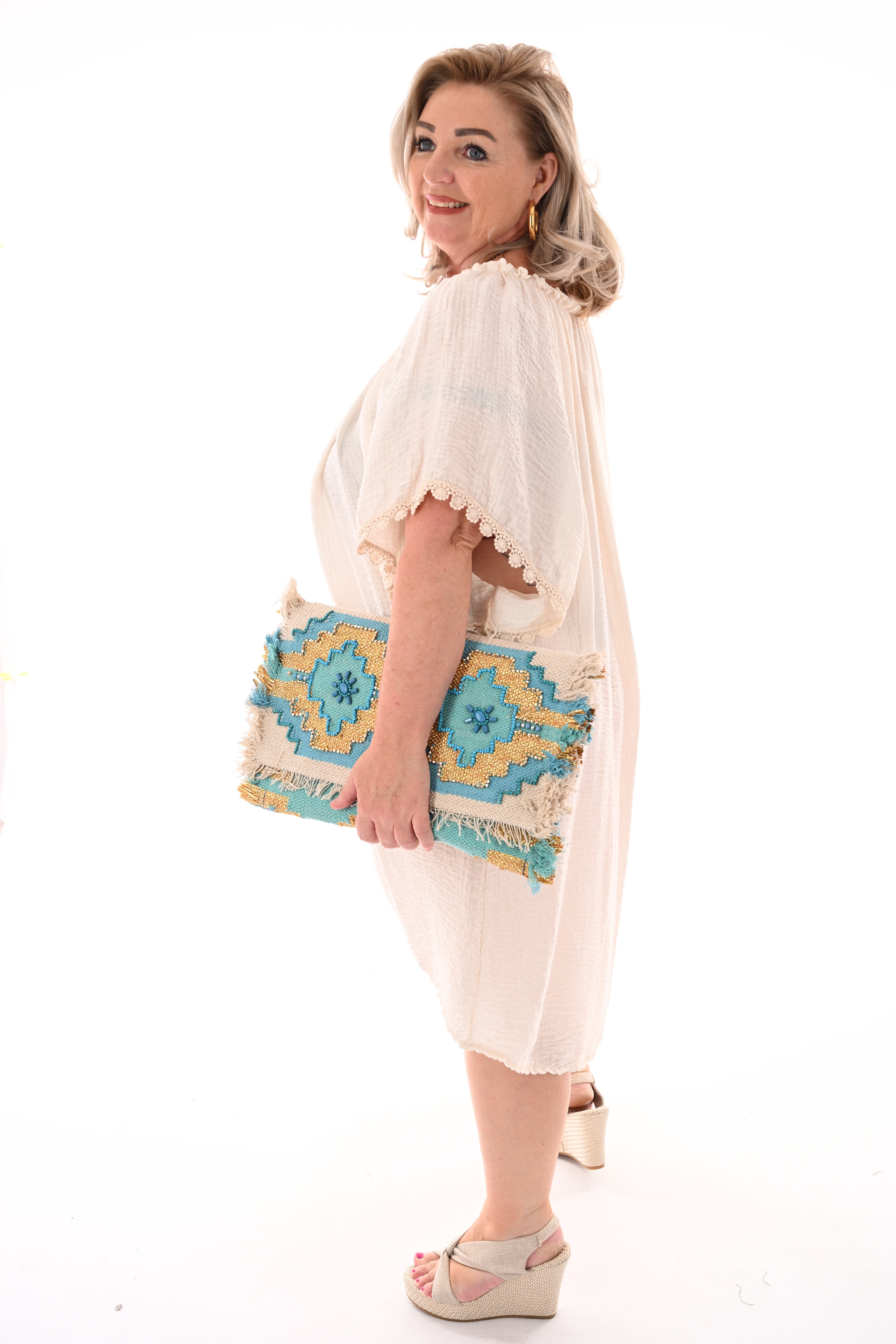 Tuniek crepe off-shoulder roomwit