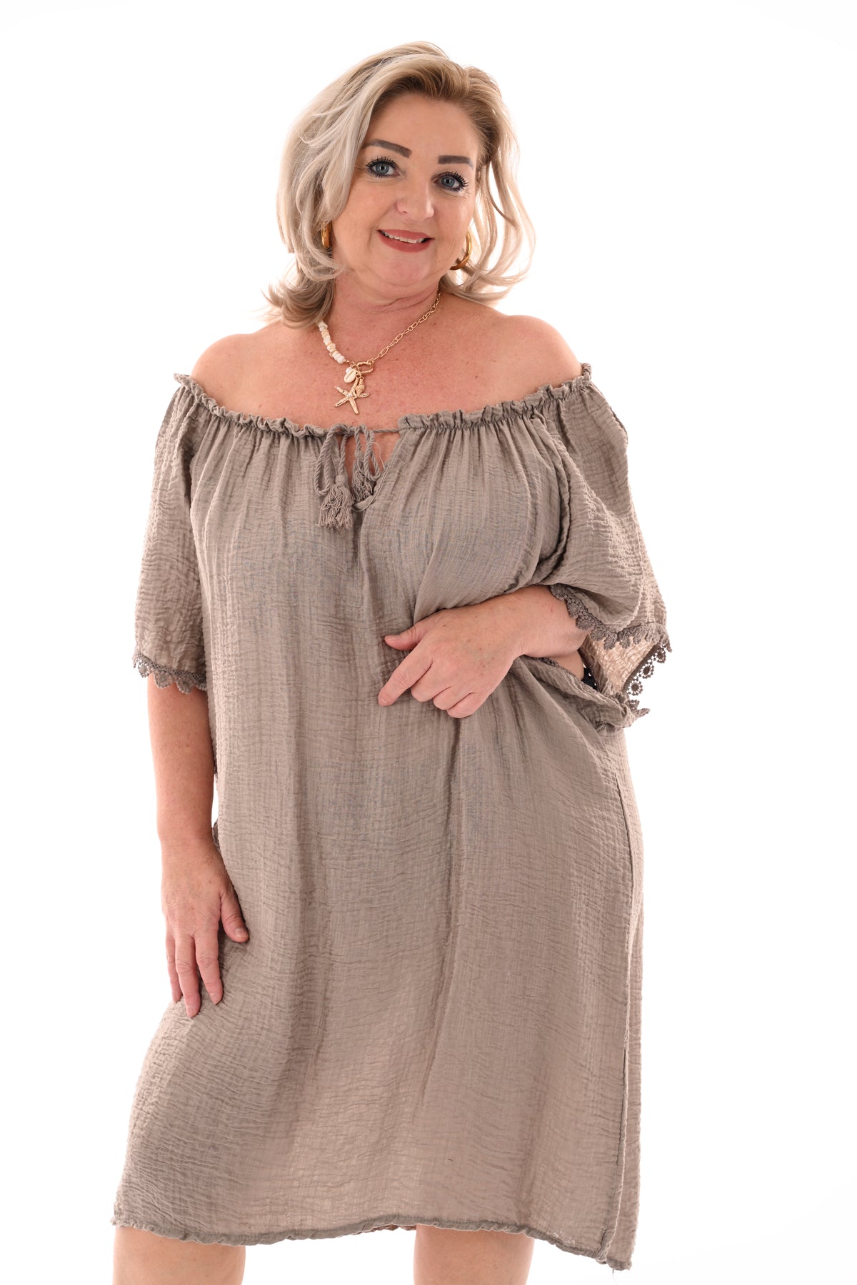 Tuniek crepe off-shoulder taupe