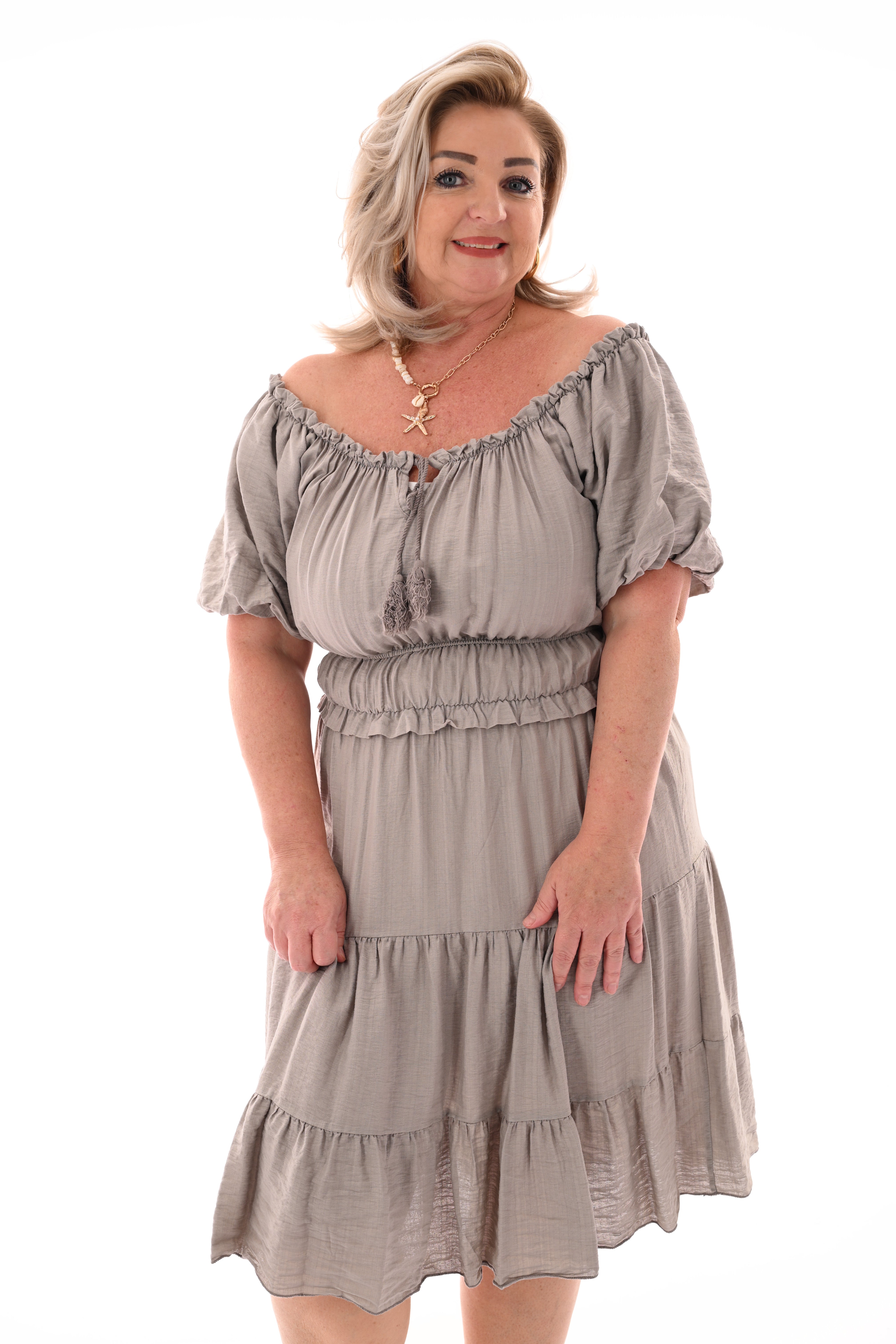 Jurk off-shoulder taupe