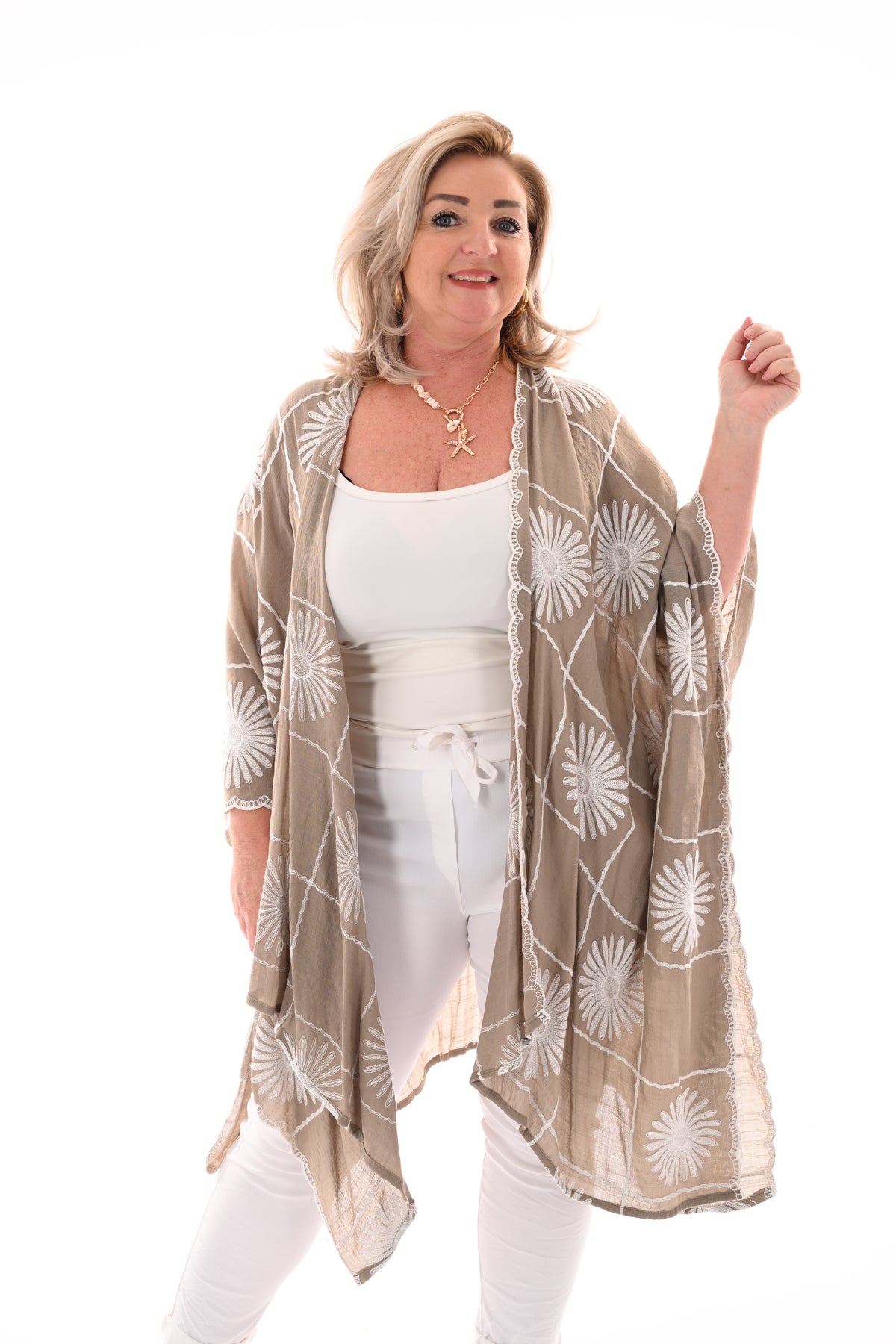 Omslag vest madeliefjes taupe