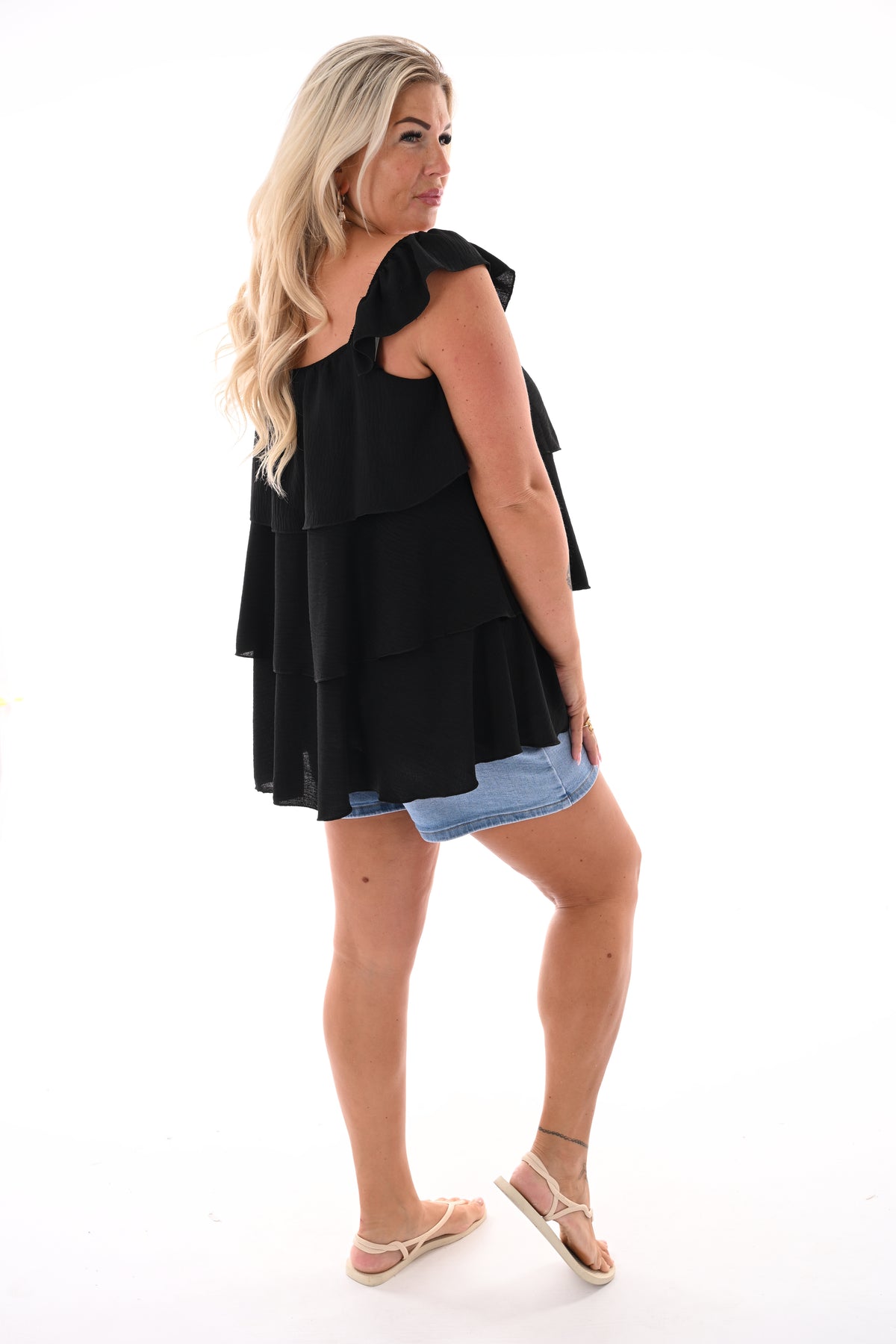 Top volant lagen uni zwart