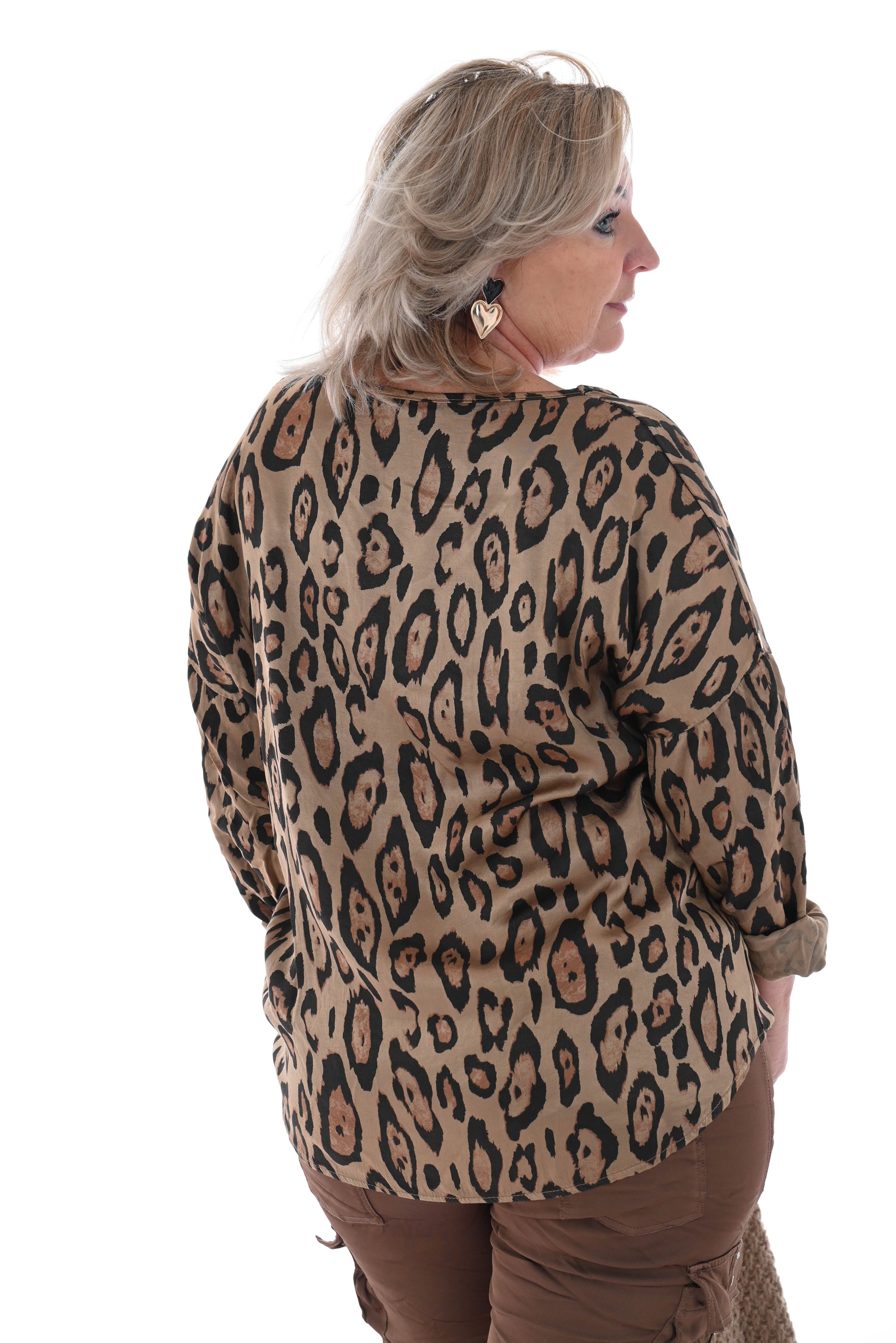 Top silky ophaalmouwen panter beige