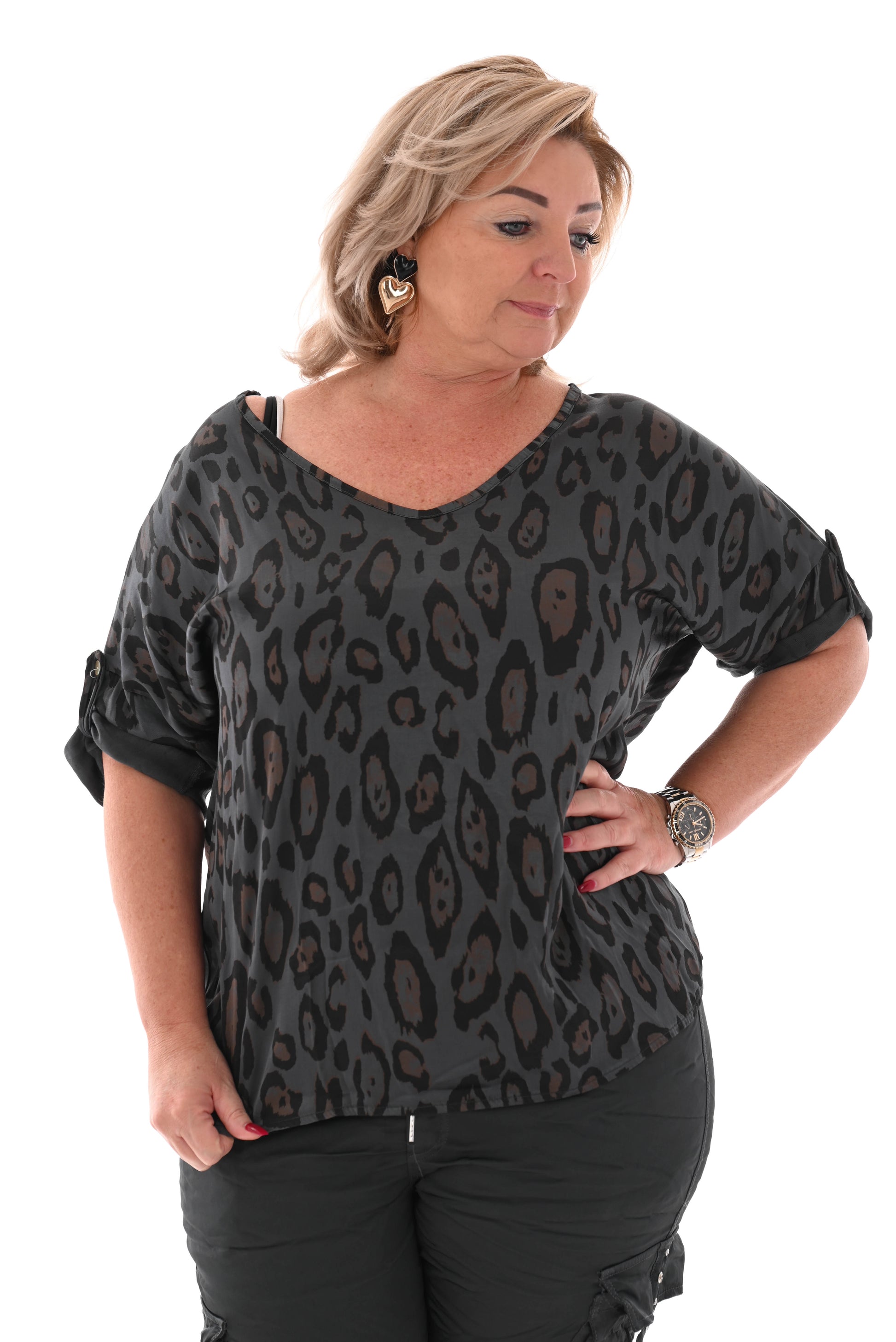 Top silky ophaalmouwen panter antraciet