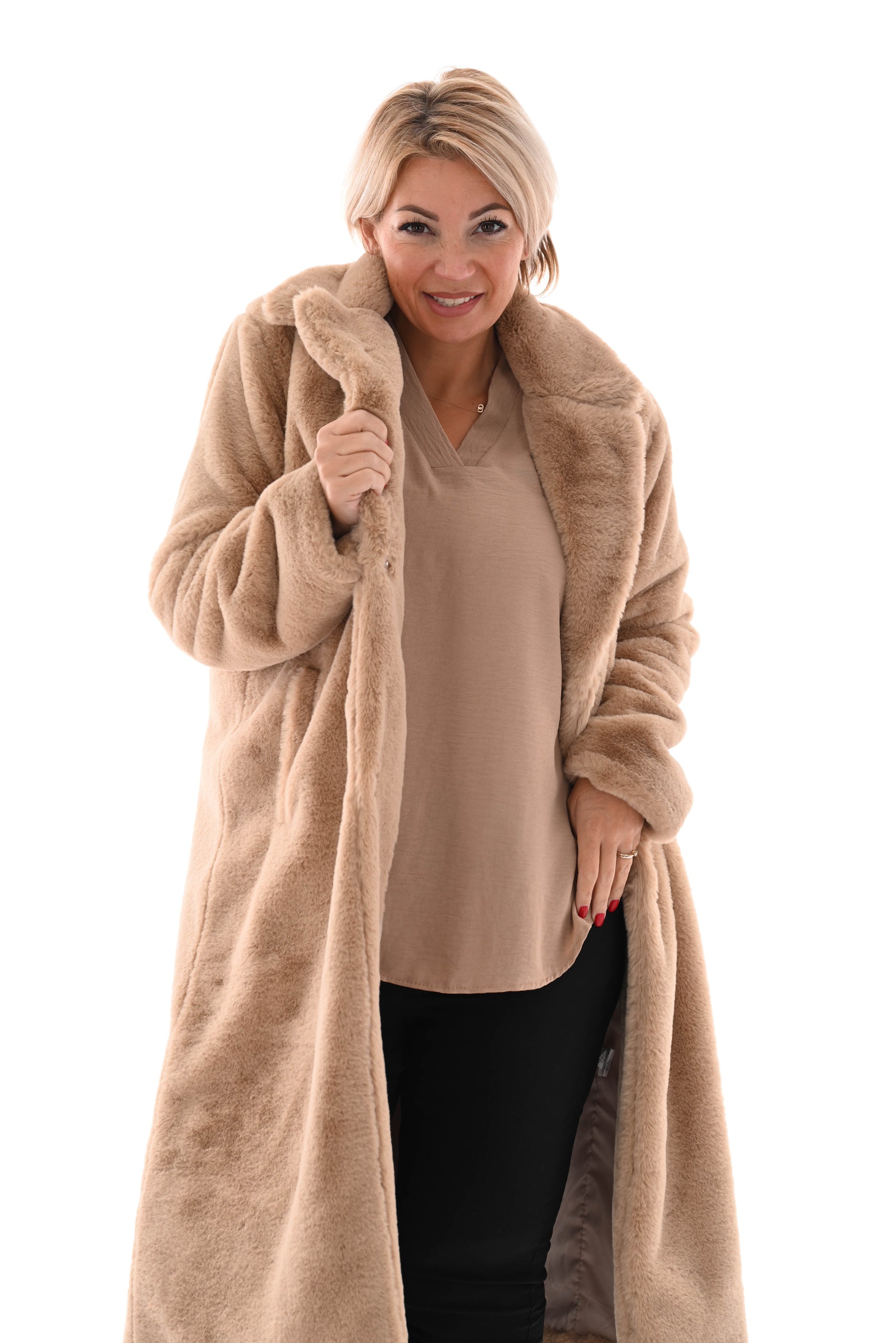 Lange faux fur jas camel