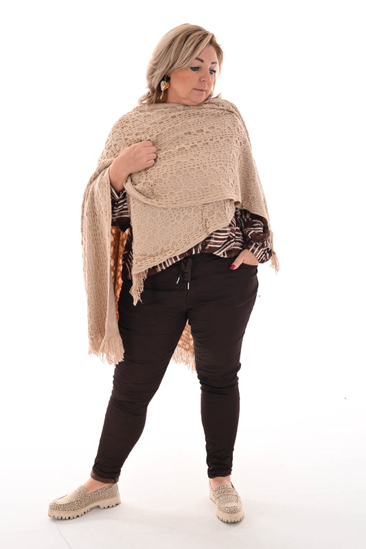 Overslag poncho franjes beige