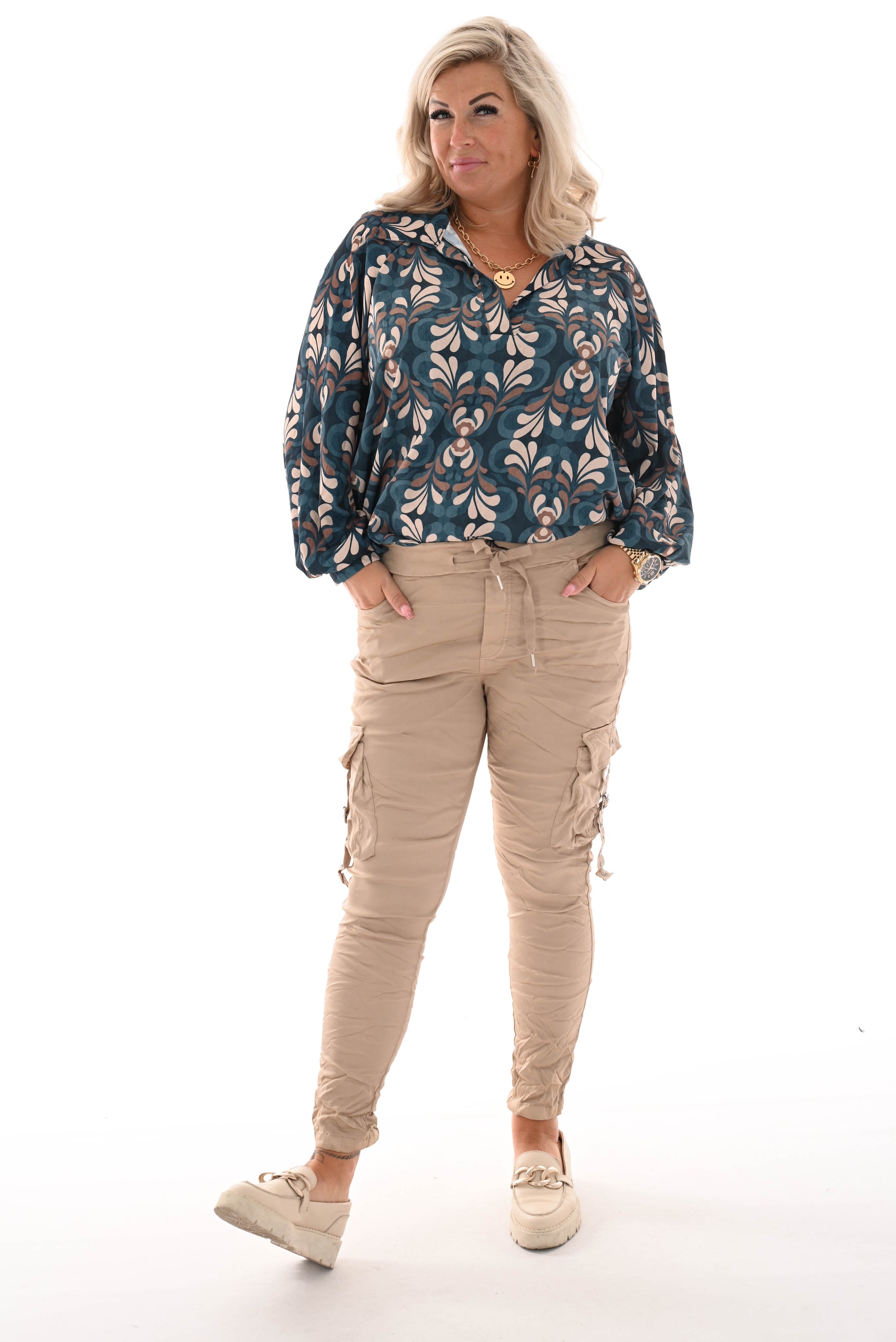 Blouse print bloem barok jeansblauw