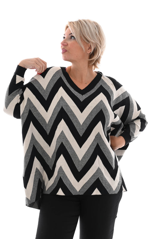 Oversized trui v-hals zigzag zwart/roomwit