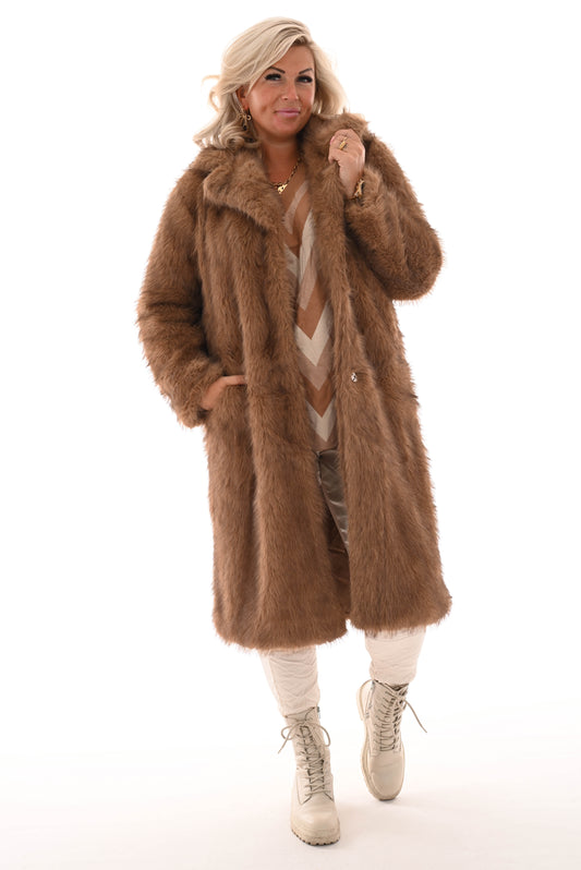 Lange jas faux fur gemixt camel