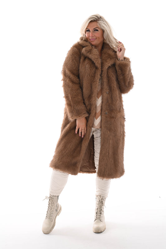 Lange jas faux fur gemixt camel