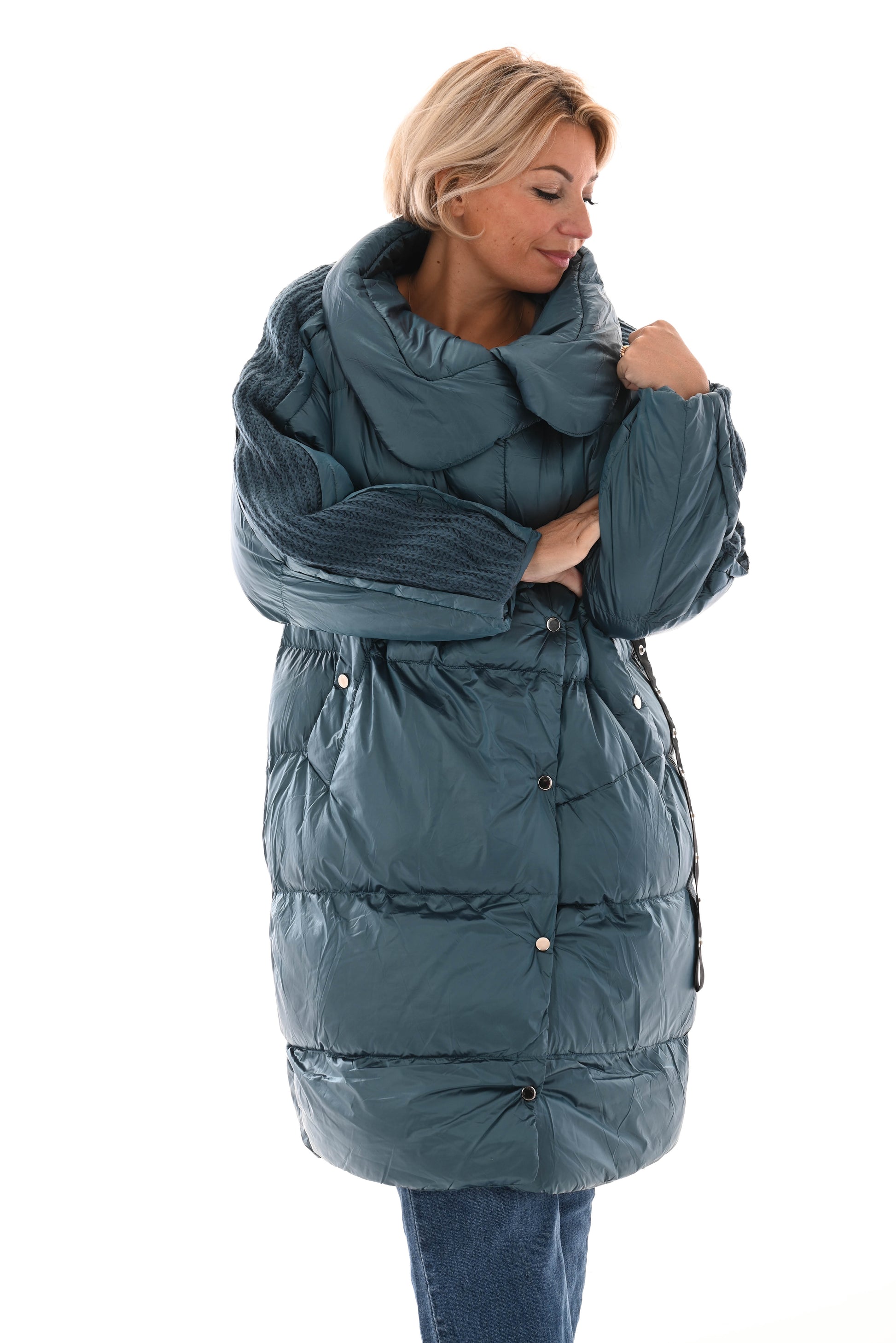 Puffer jas gebreid detail blauw