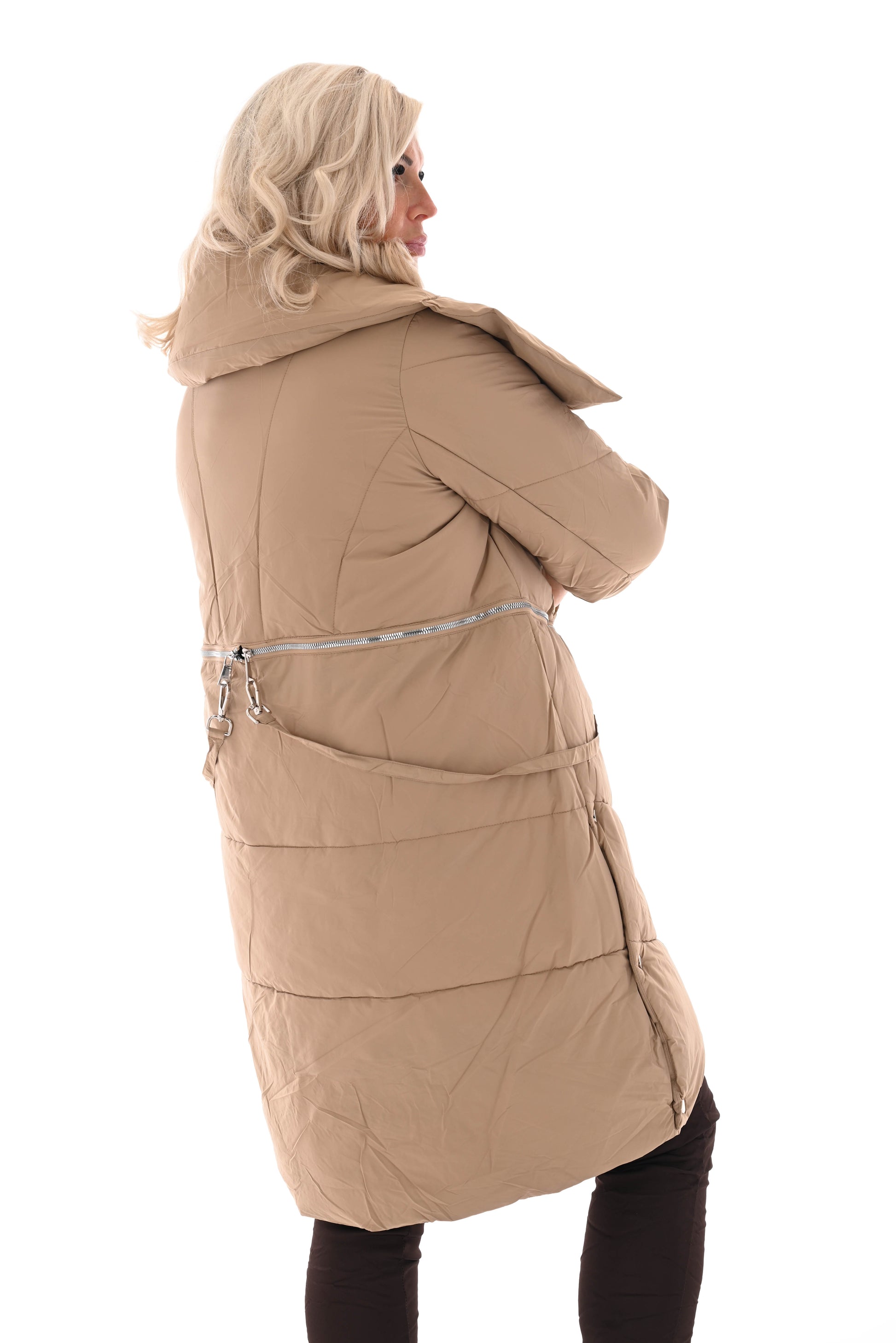 Puffer jas met rits en ketting beige