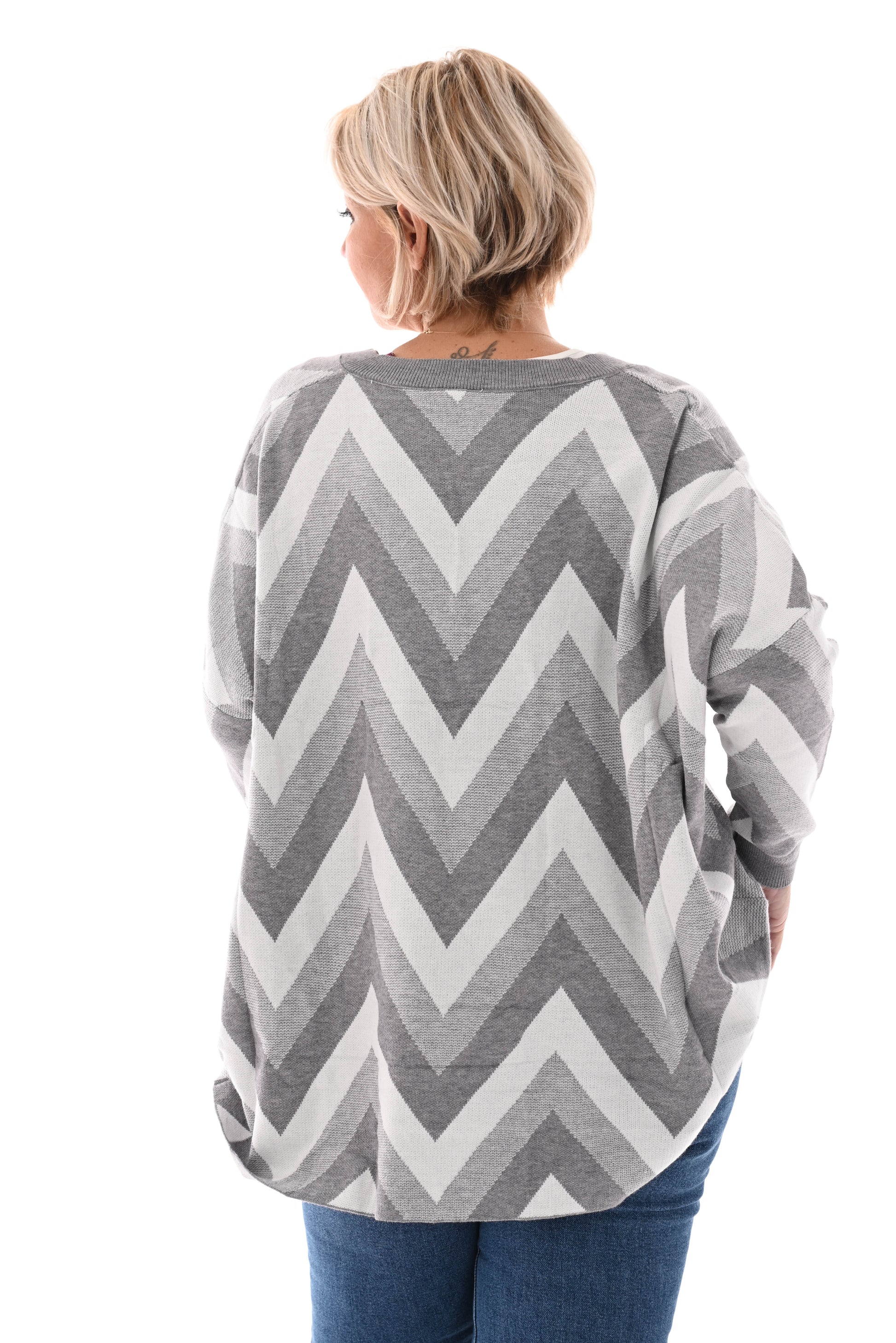 Oversized trui v-hals zigzag grijs