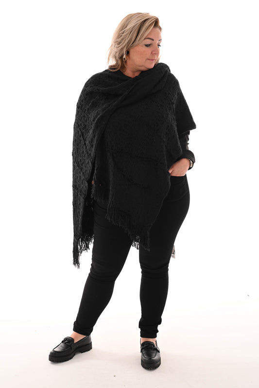 Overslag poncho franjes zwart