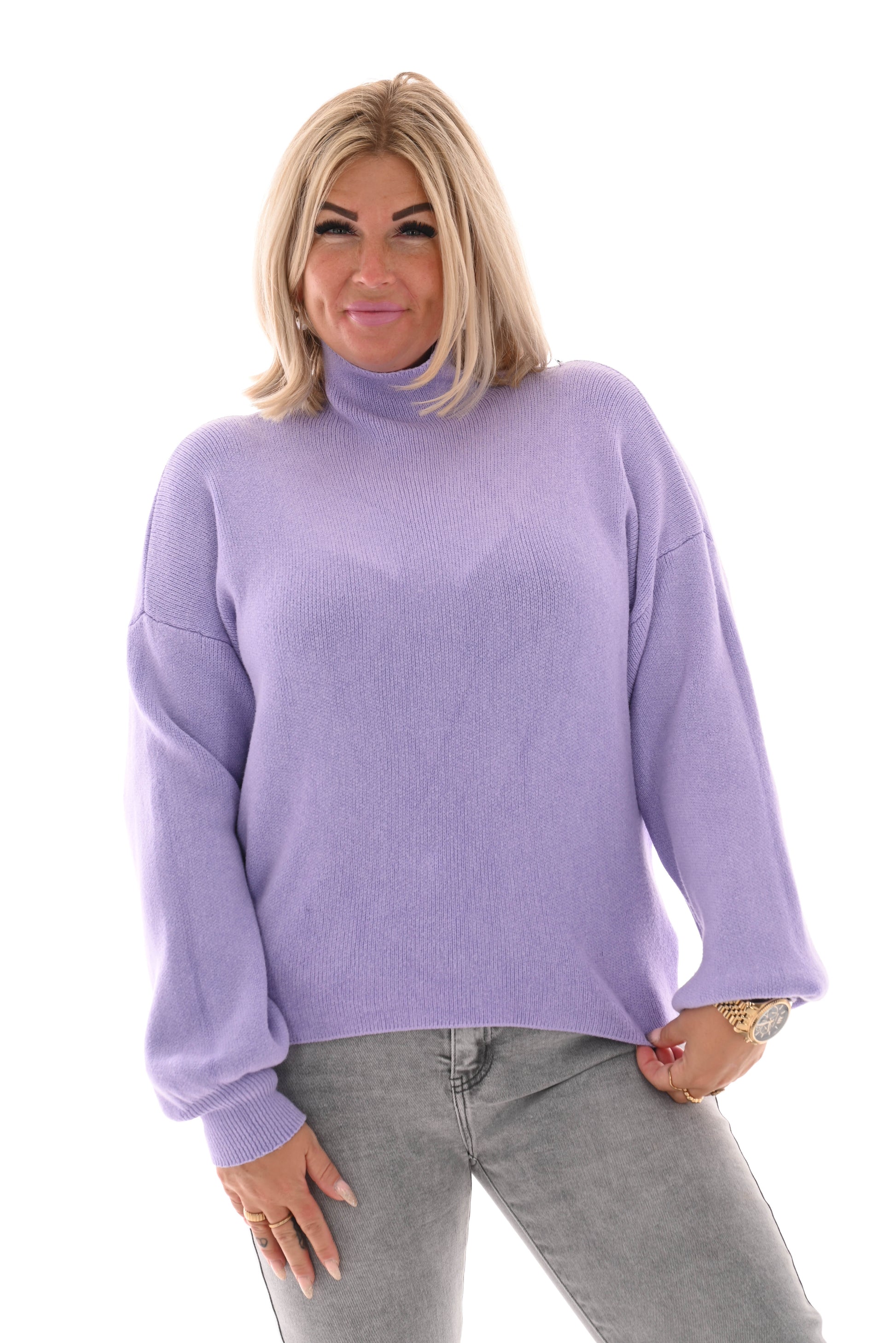 Korte trui turtle neck met pofmouwen lila