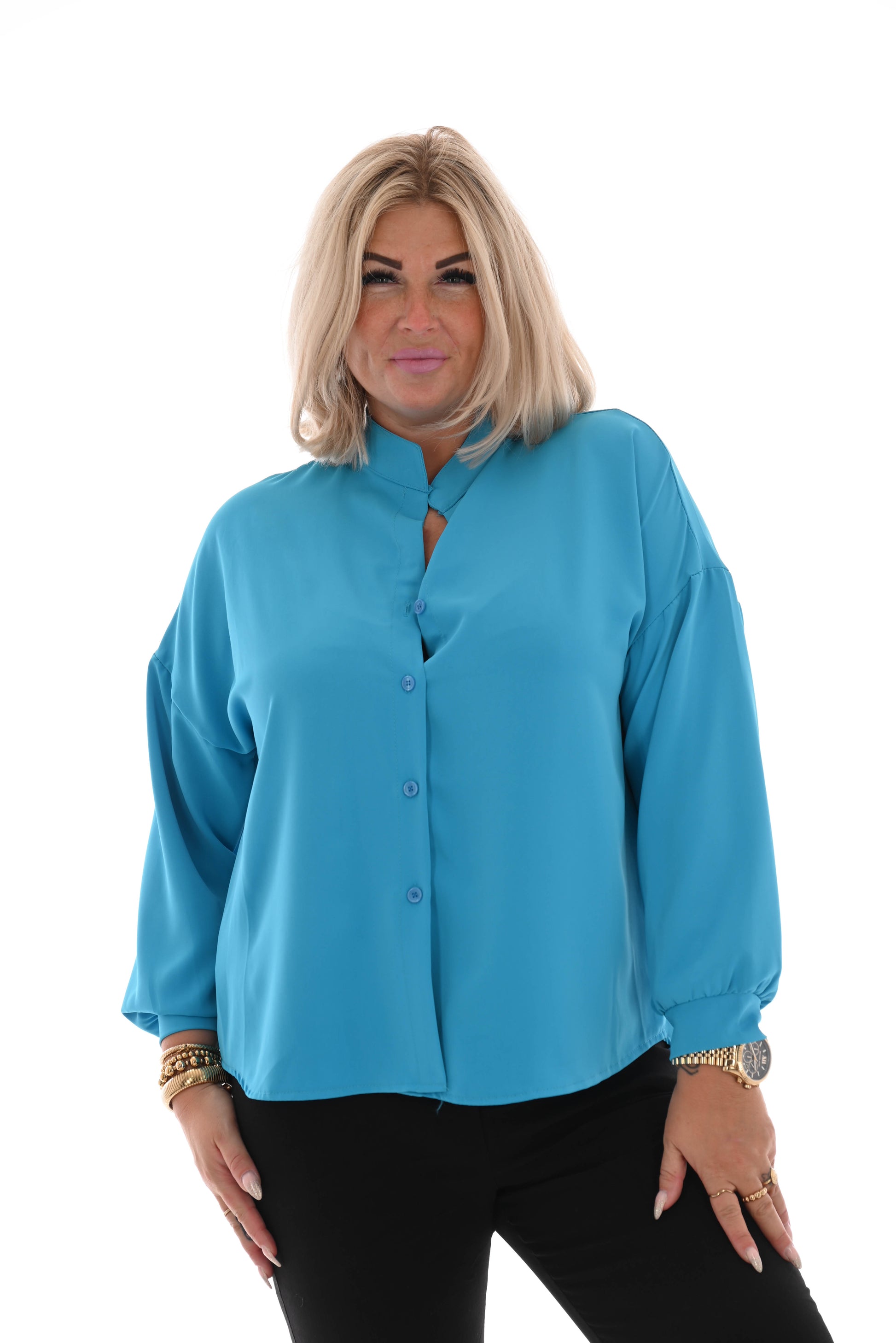 Doorknoop blouse v-hals uni aquablauw